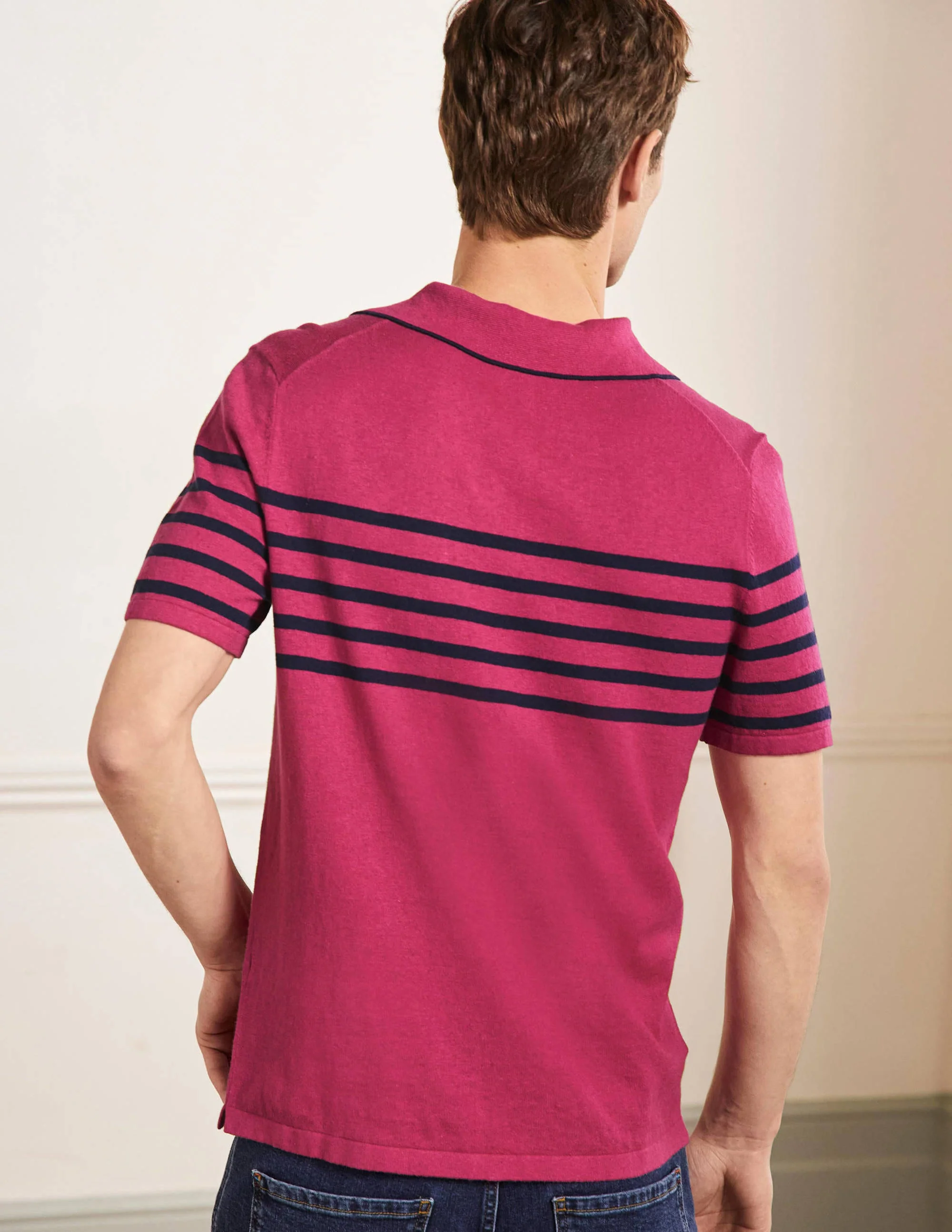 Linen Blend Polo Open Collar-Dusky Rose, Chest Stripe - Image 3