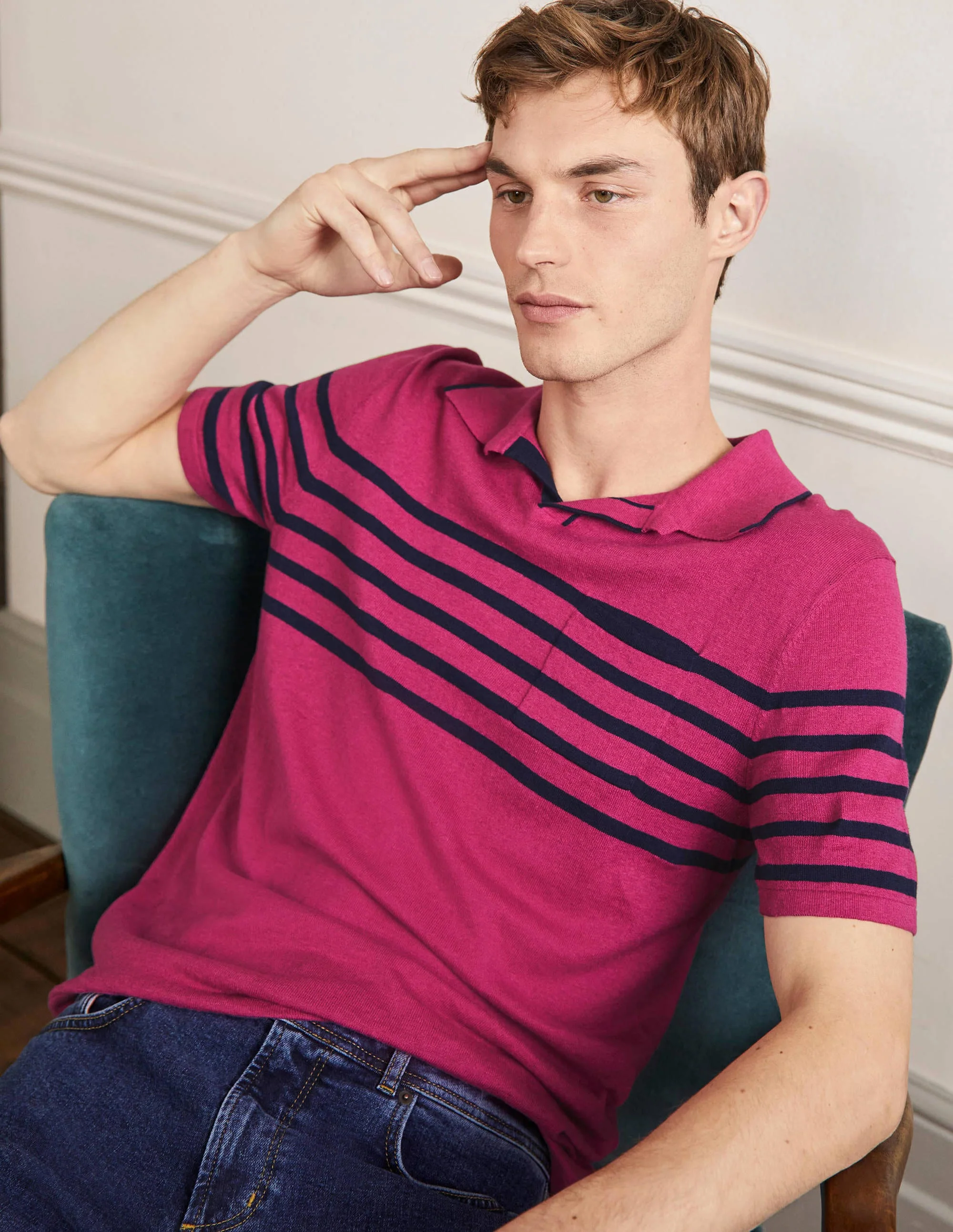 Linen Blend Polo Open Collar-Dusky Rose, Chest Stripe - Image 4