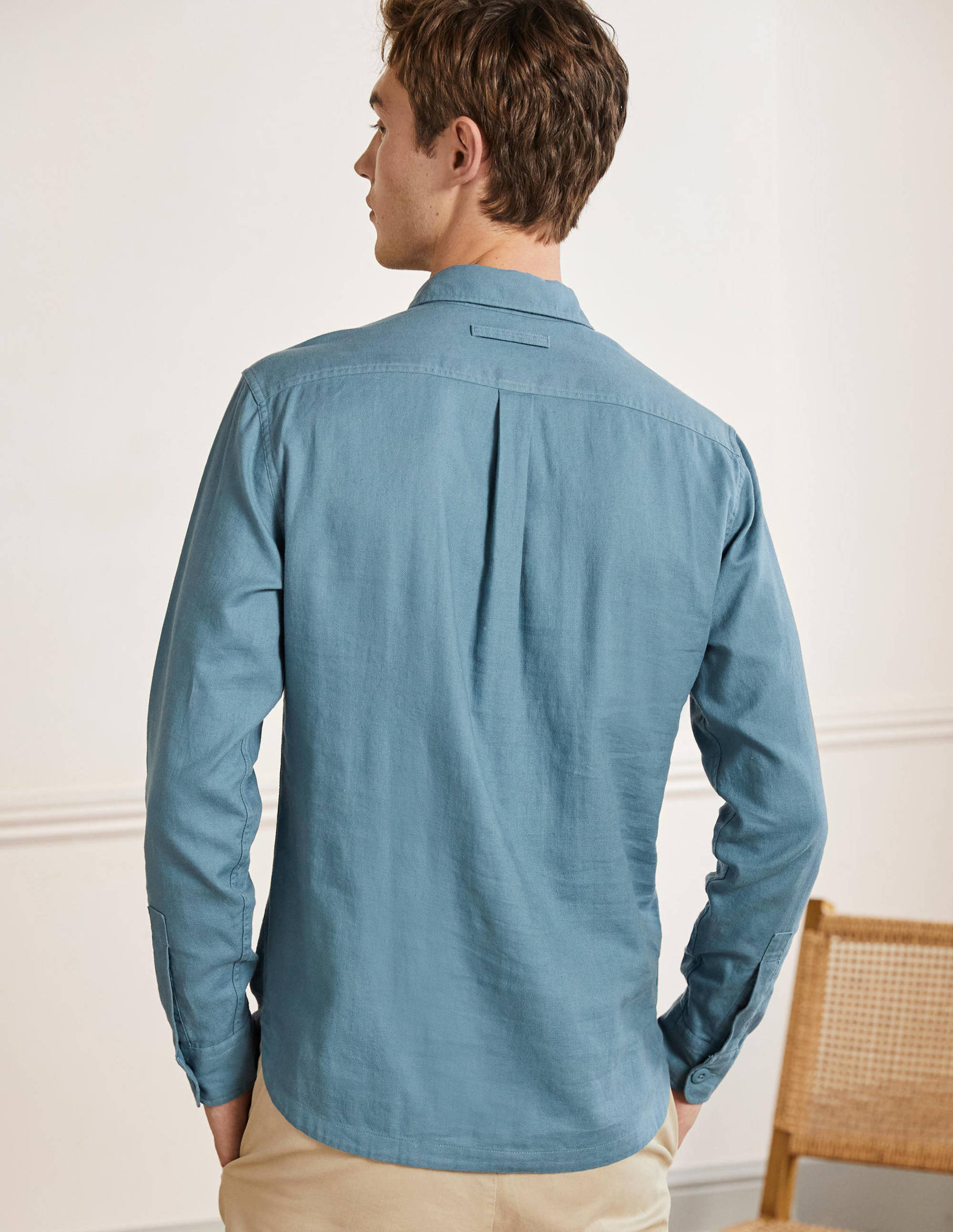 Linen Cotton Popover Shirt-Aegean Blue Herringbone - Image 3