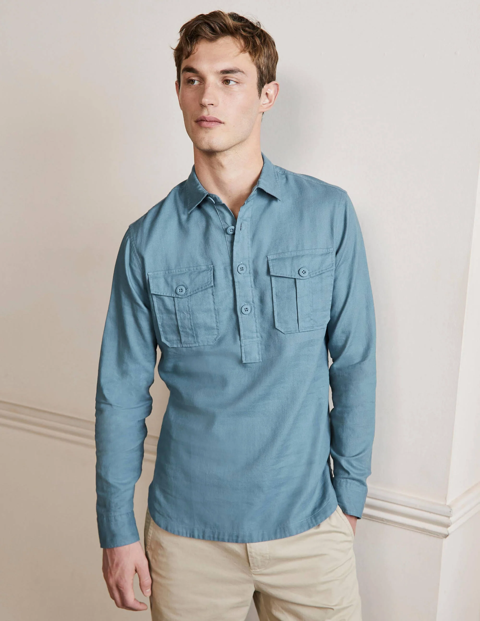 Linen Cotton Popover Shirt-Aegean Blue Herringbone - Image 4