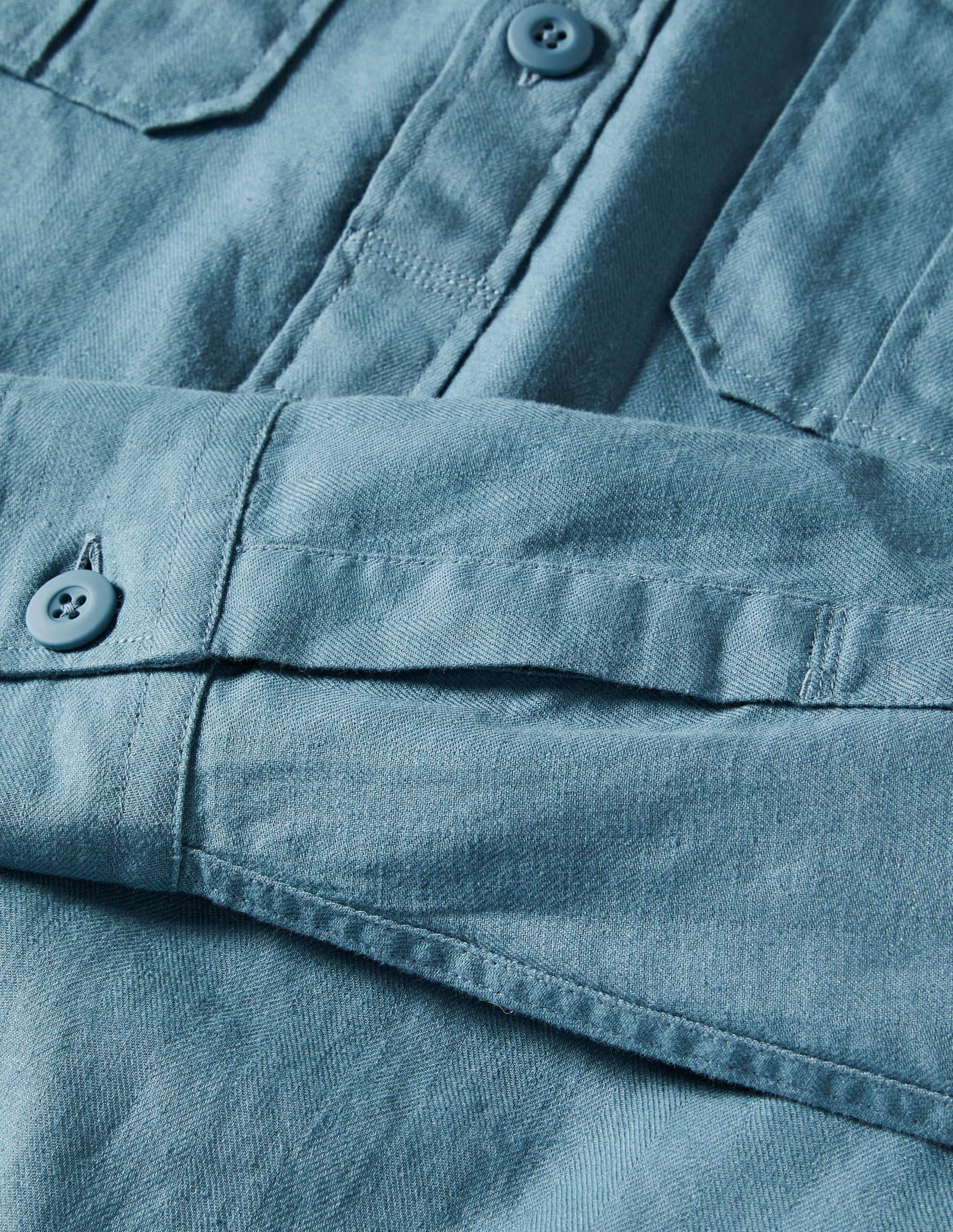 Linen Cotton Popover Shirt-Aegean Blue Herringbone - Image 6