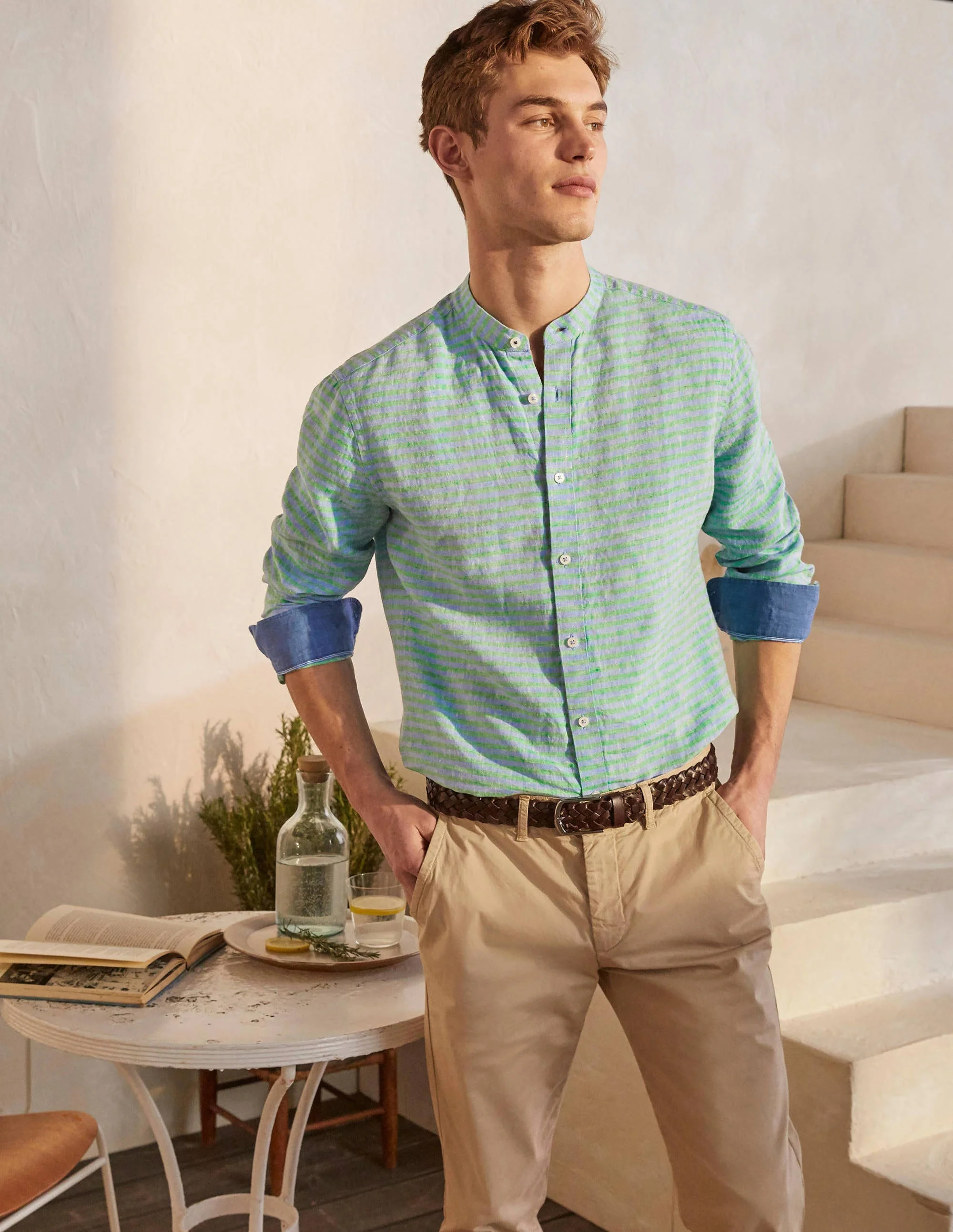 Linen Grandad Shirt-Rich Emerald/Coastal Stripe - Image 2
