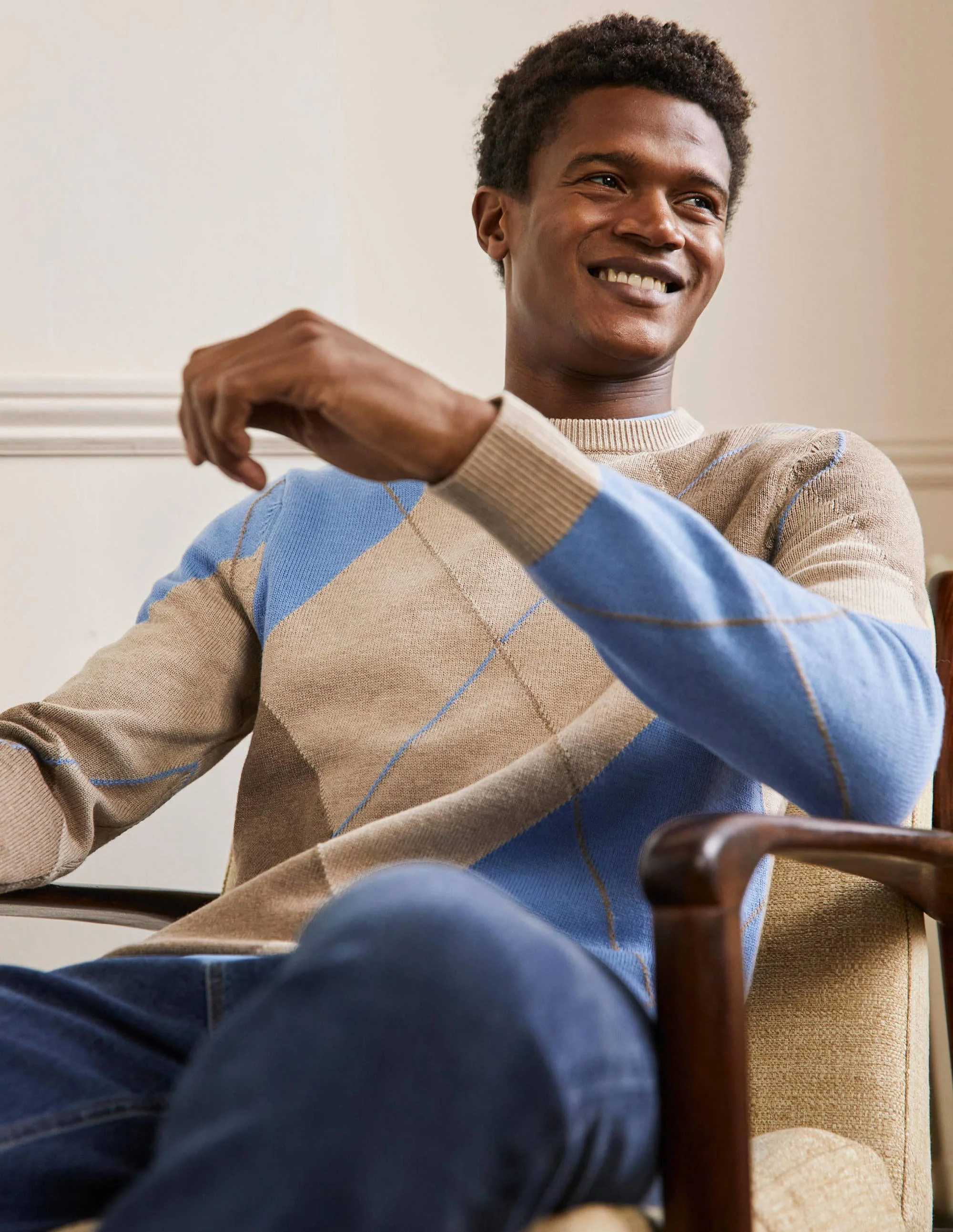Merino Blend Crew Neck Sweater-Multi Argyle