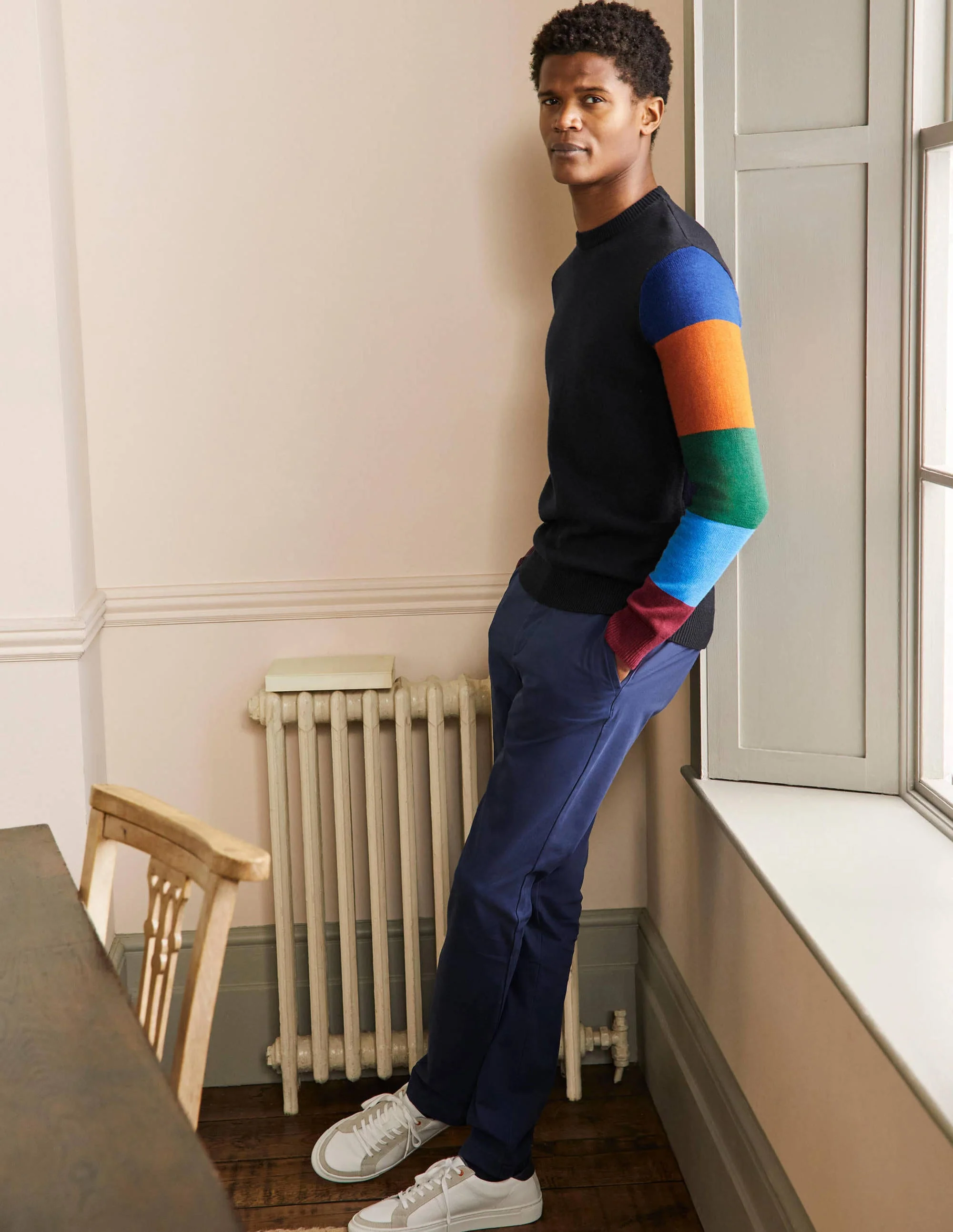 Merino Blend Crew Neck Sweater-Multi stripe Sleeve - Image 5