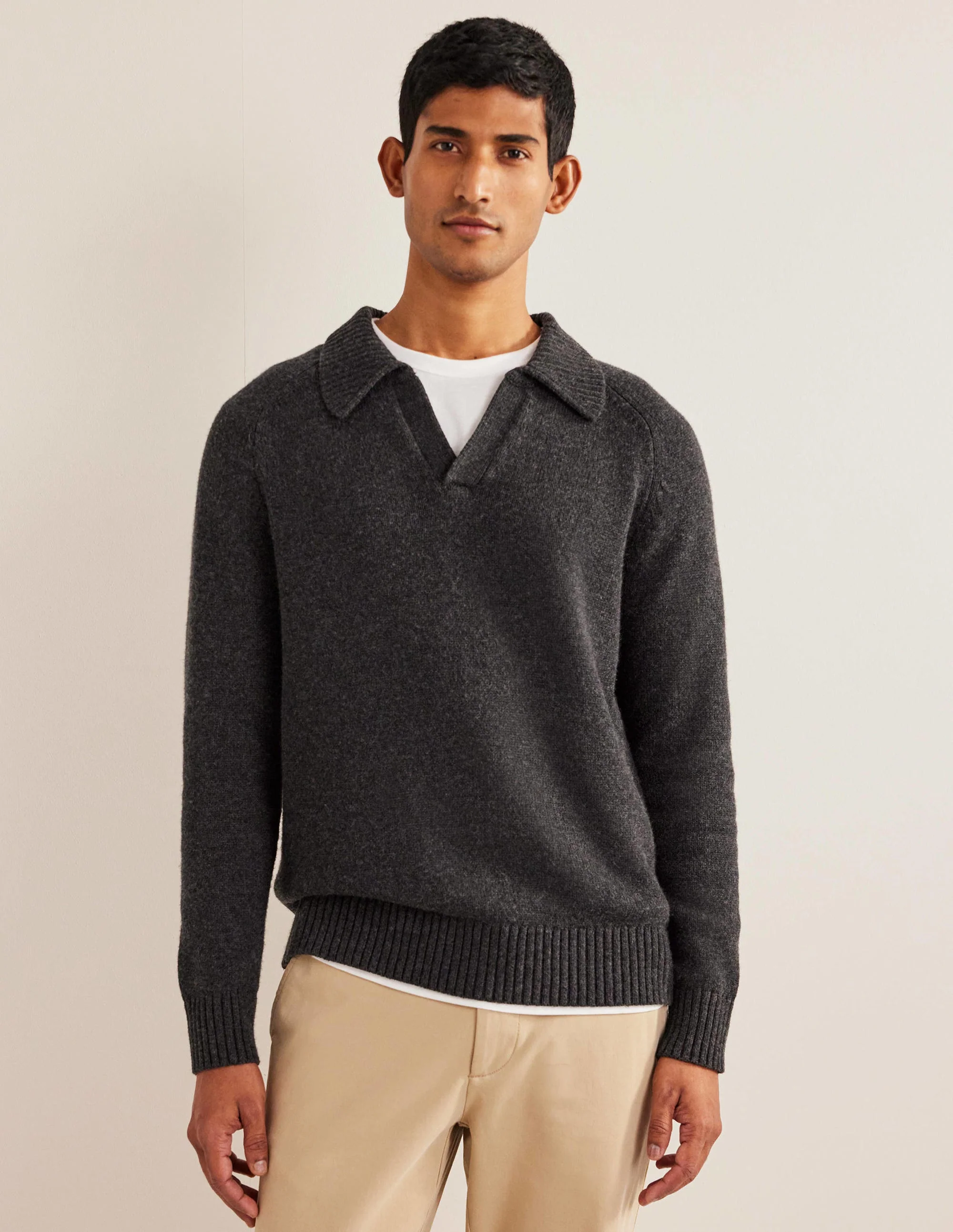 Open Collar Sweater-Dark Grey Melange - Image 4