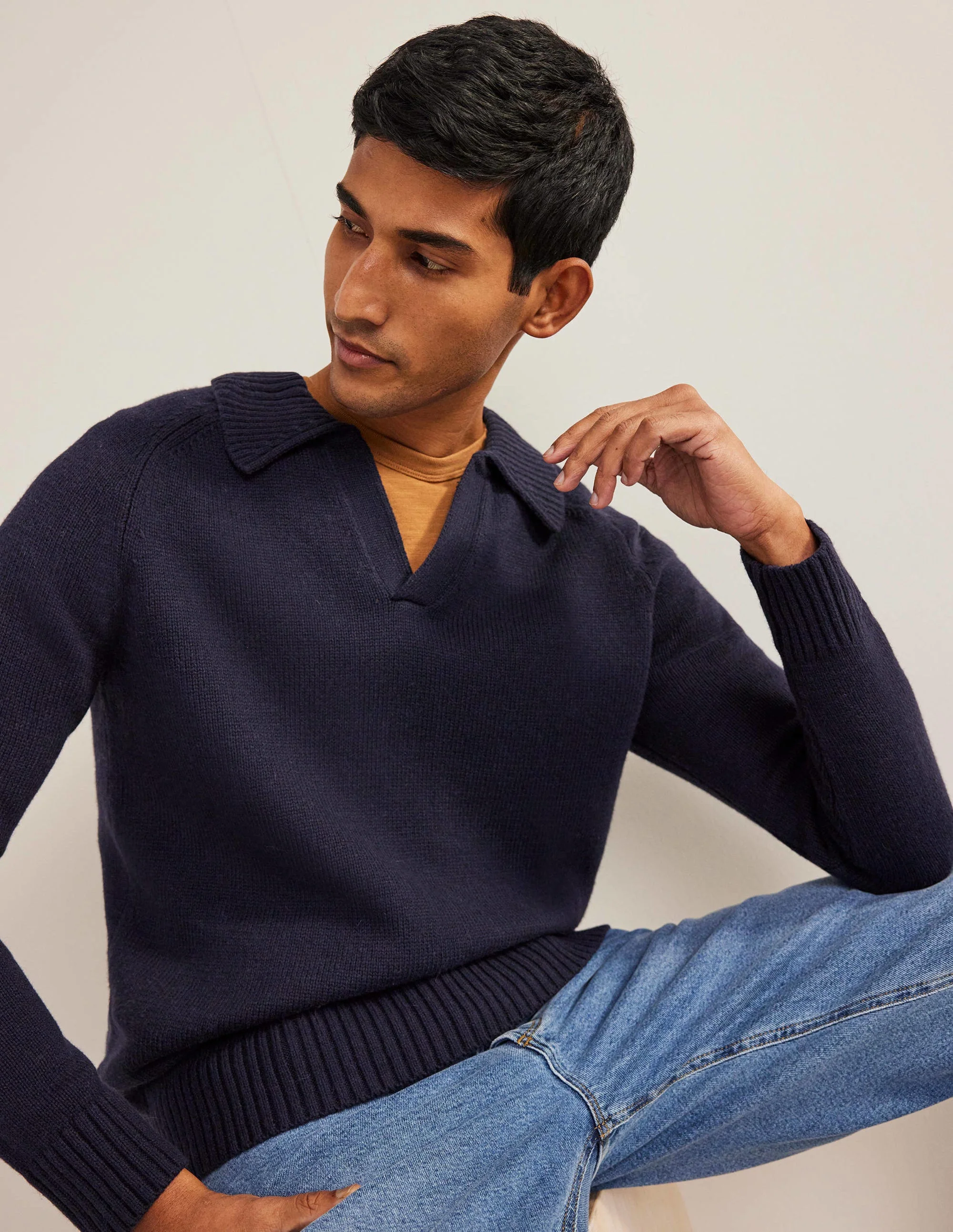 Open Collar Sweater-Navy