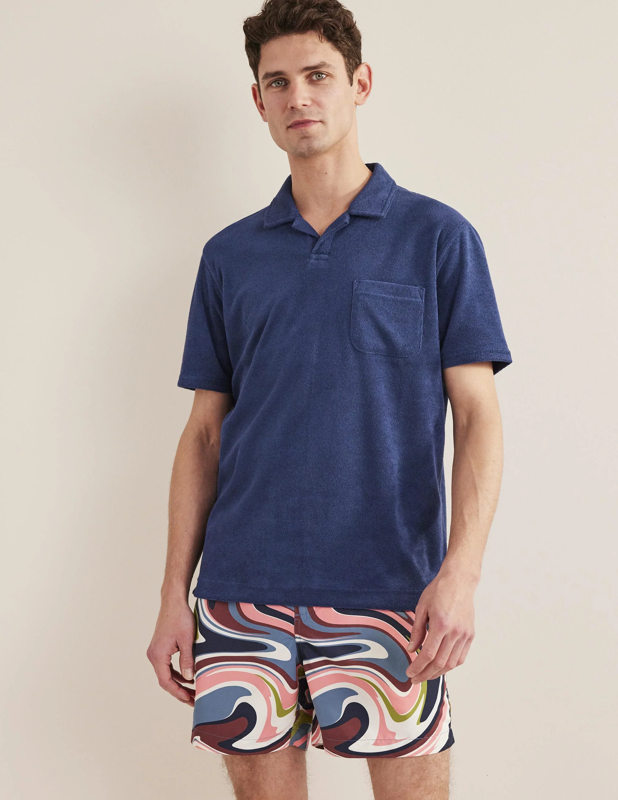 Open Collar Terry Polo-Navy Blue