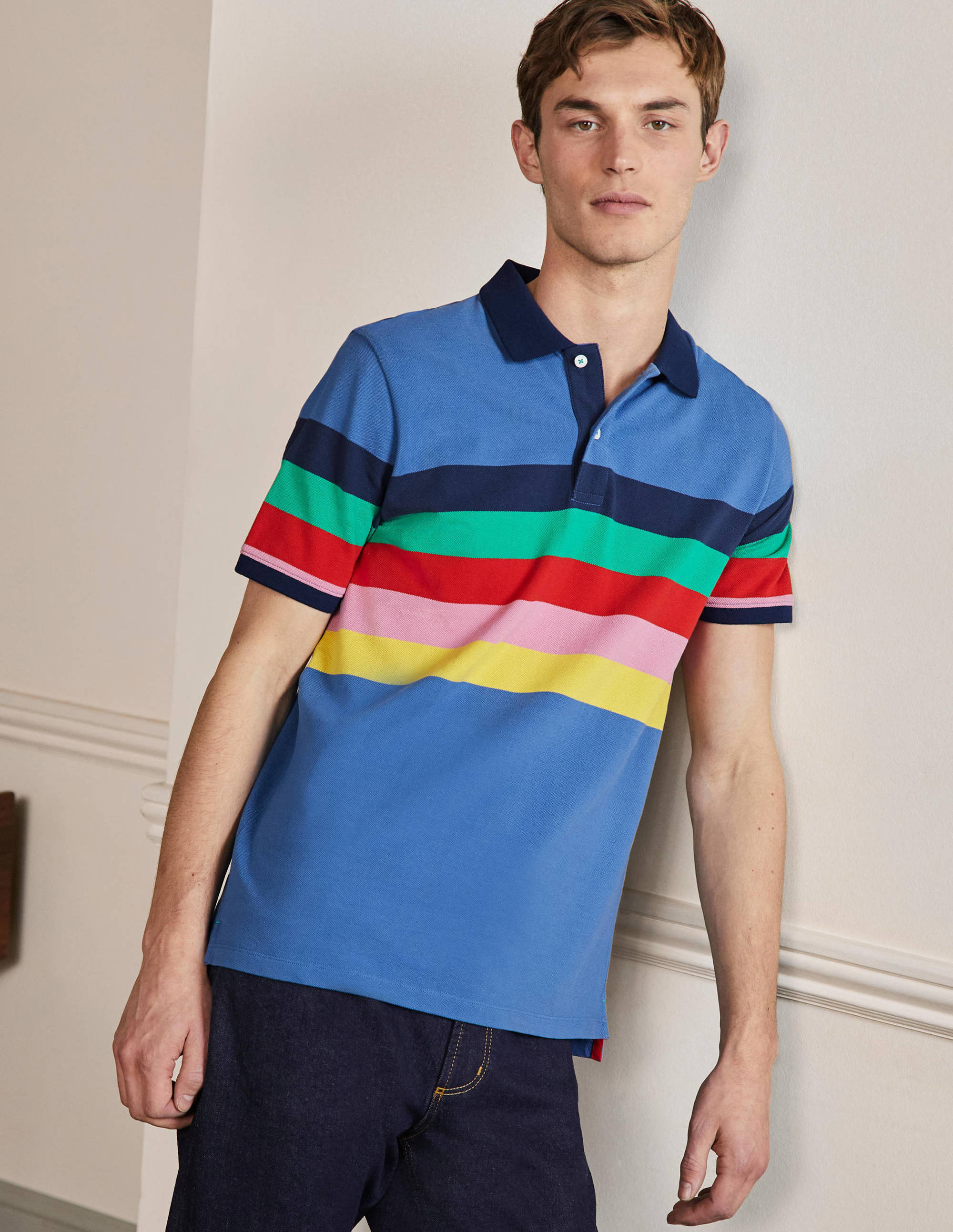 Piqué Polo Shirt-Delft Blue Rainbow Stripe