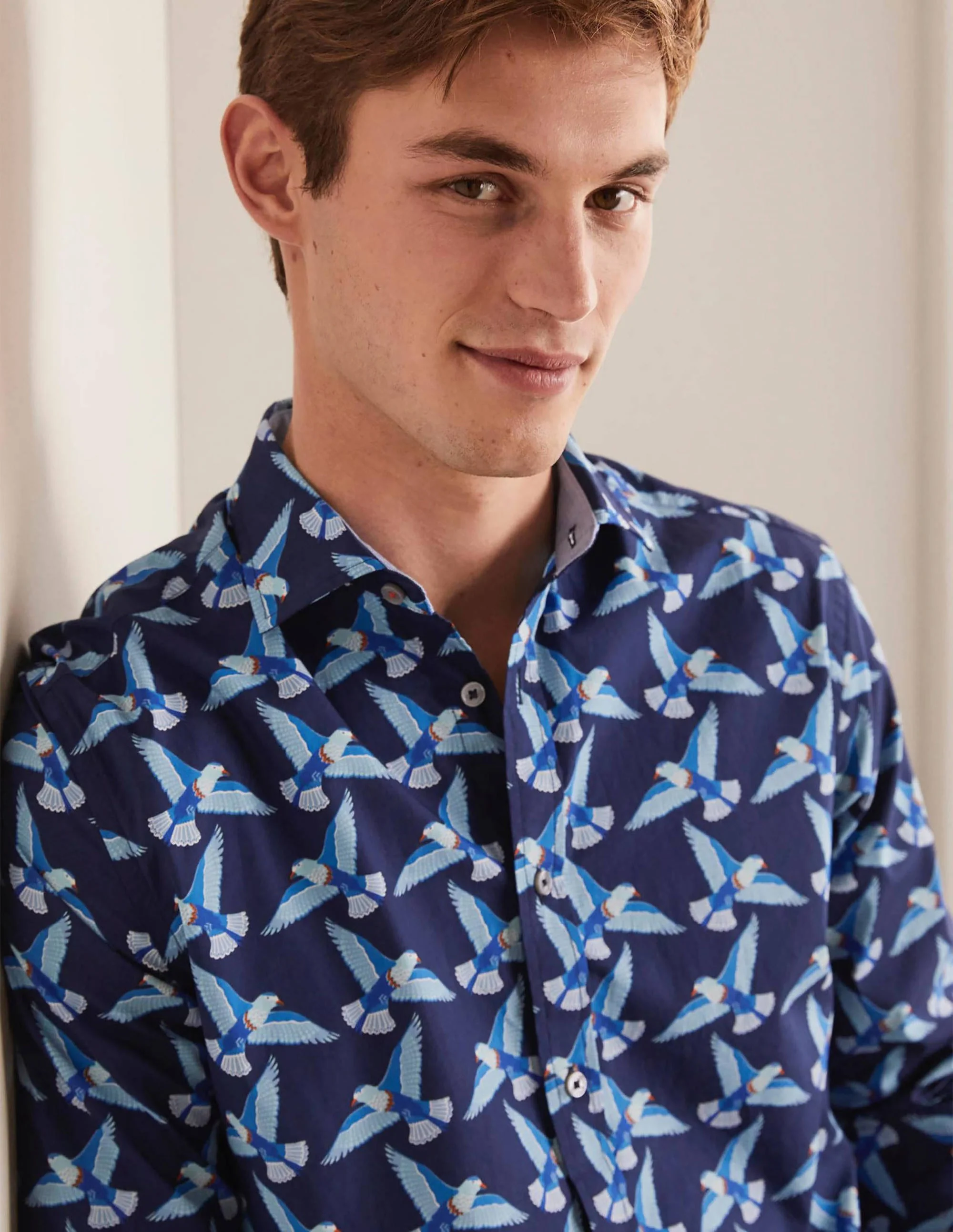 Poplin Printed Shirt-Navy Blue Exotic Bird - Image 4