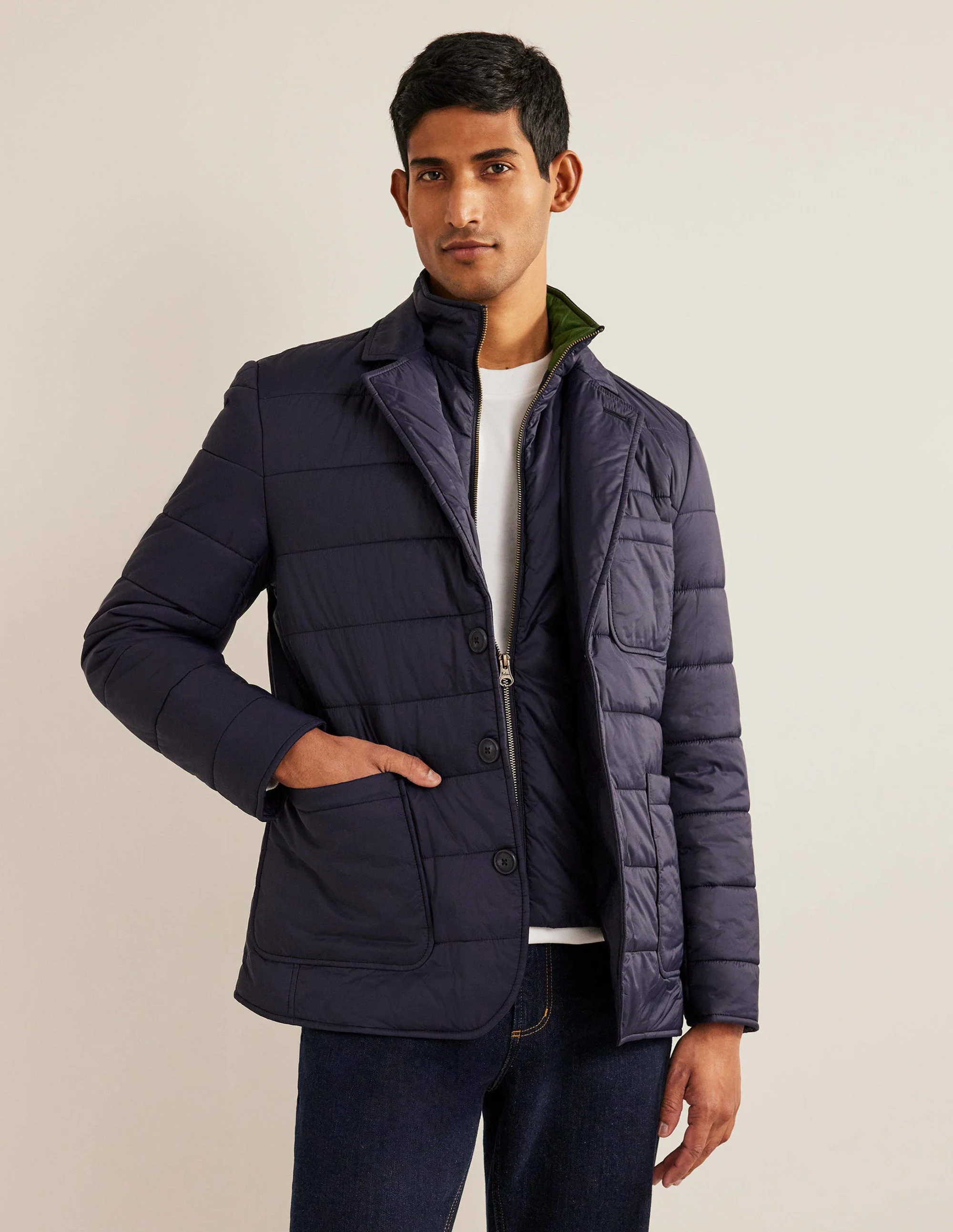 Quilted Padded Blazer-Navy