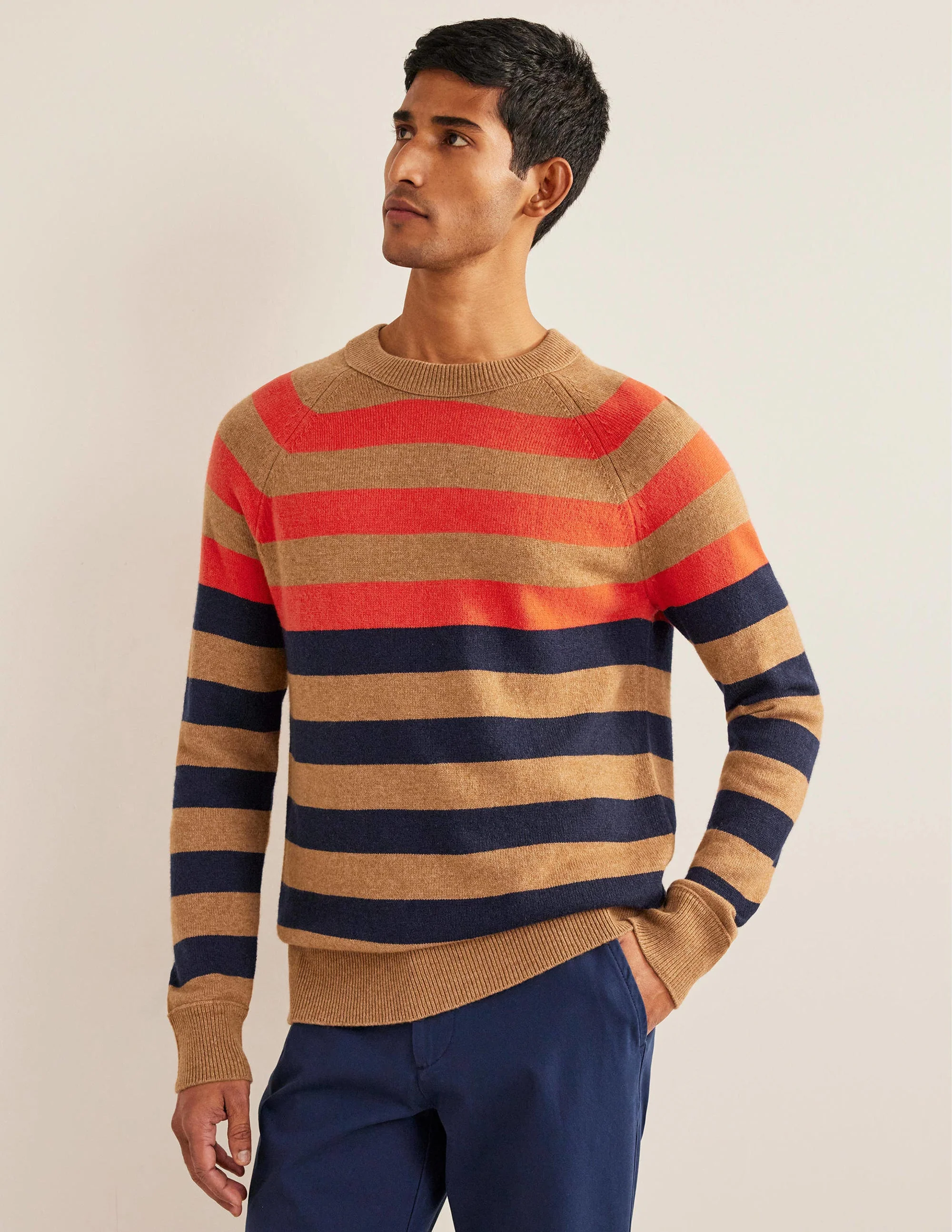 Raglan Crew Neck Sweater-Camel Melange Multi stripe