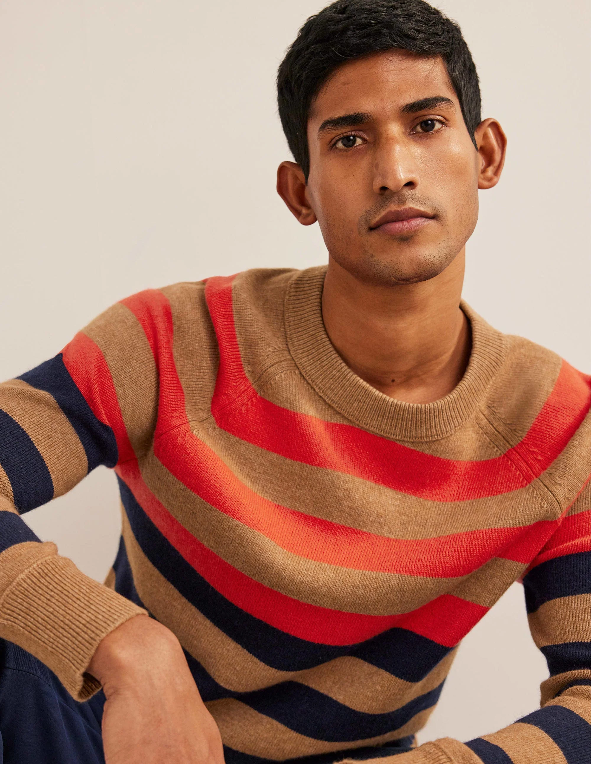 Raglan Crew Neck Sweater-Camel Melange Multi stripe - Image 4