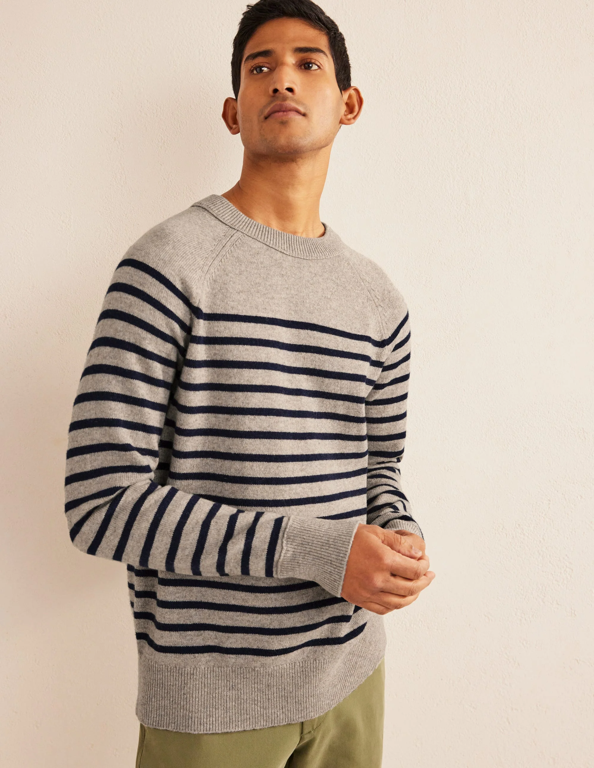 Raglan Crew Neck Sweater-Oatmeal Navy Stripe - Image 4