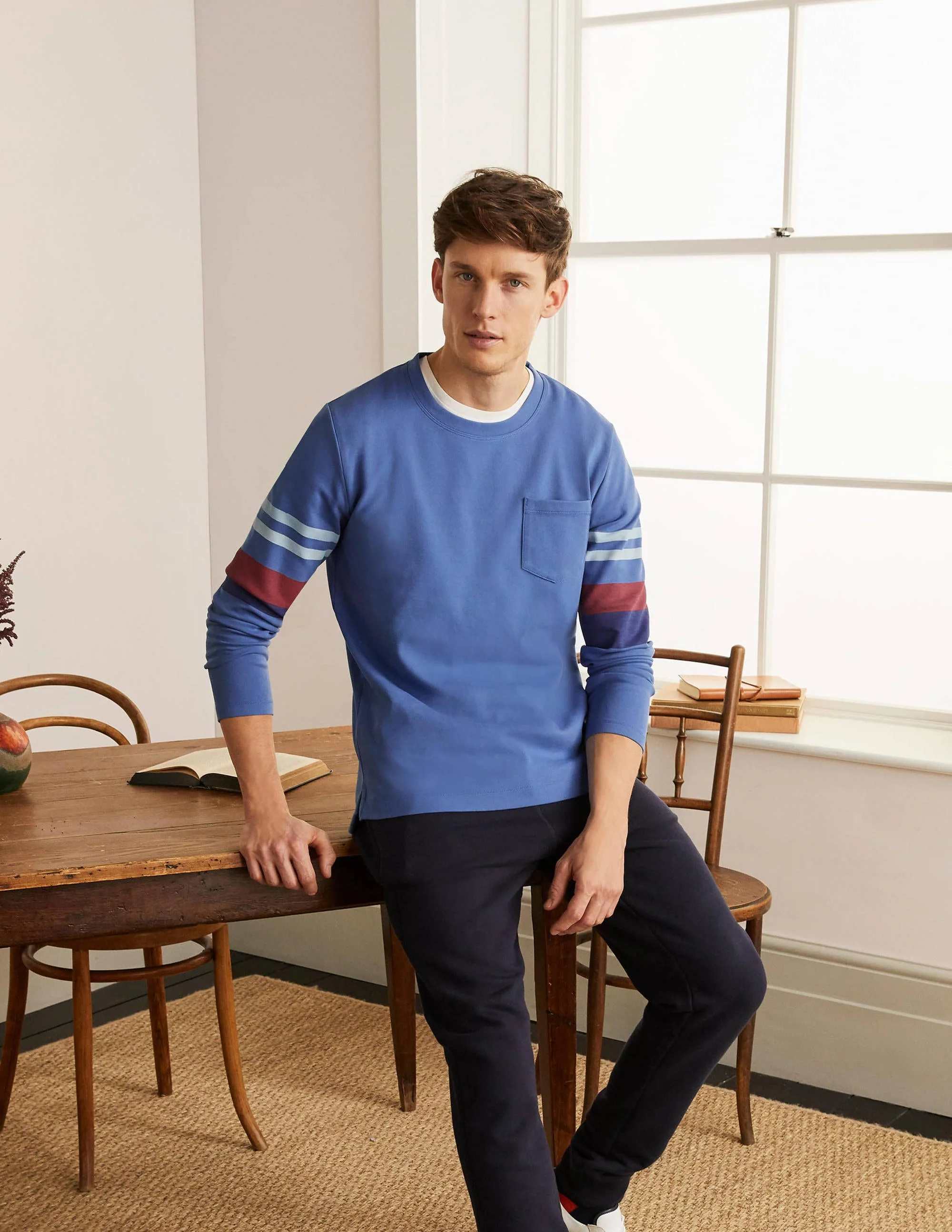 Rye Pocket Crew-Inky Blue Sleeve Stripe