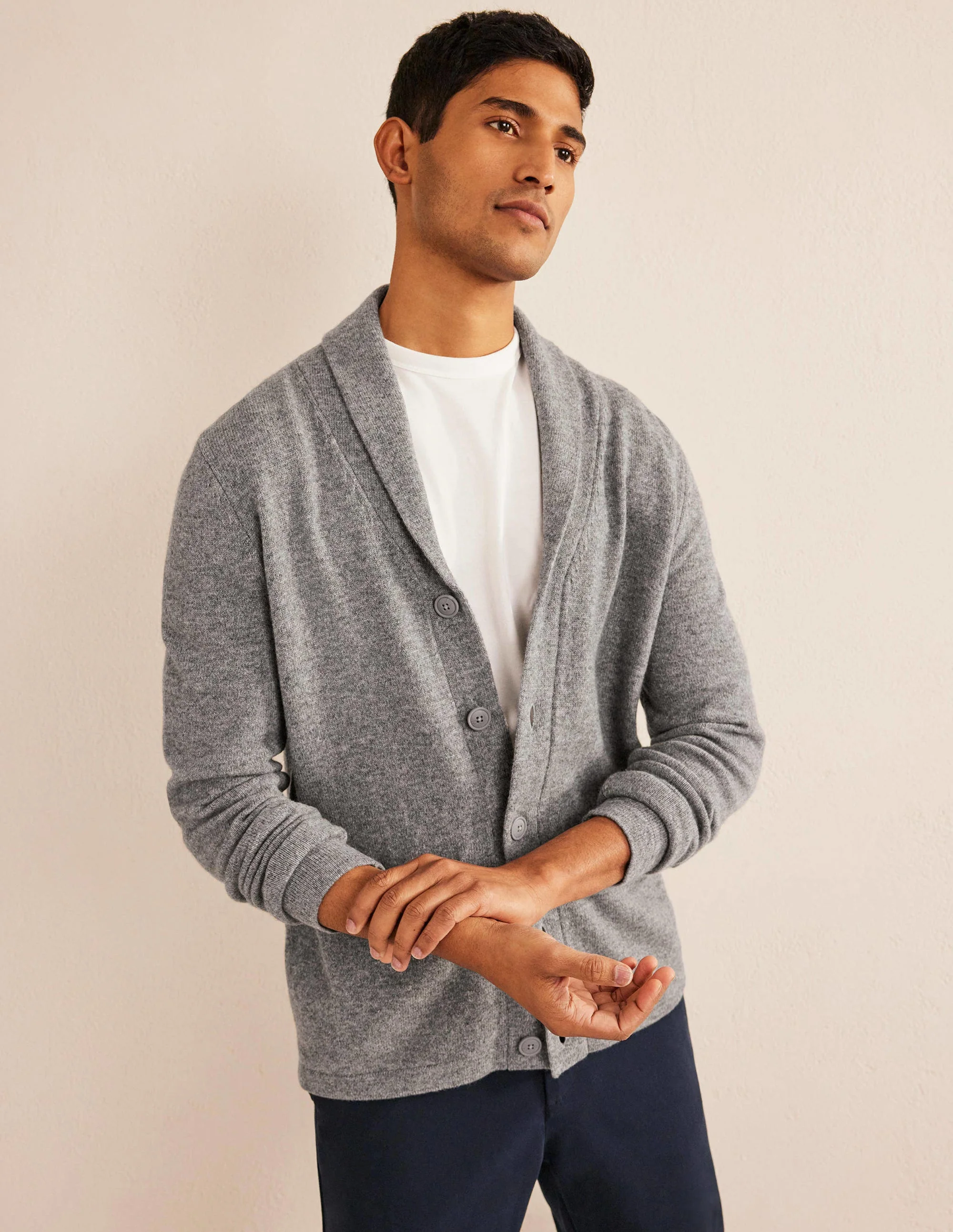 Shawl Collar Cardigan-Light Grey Melange