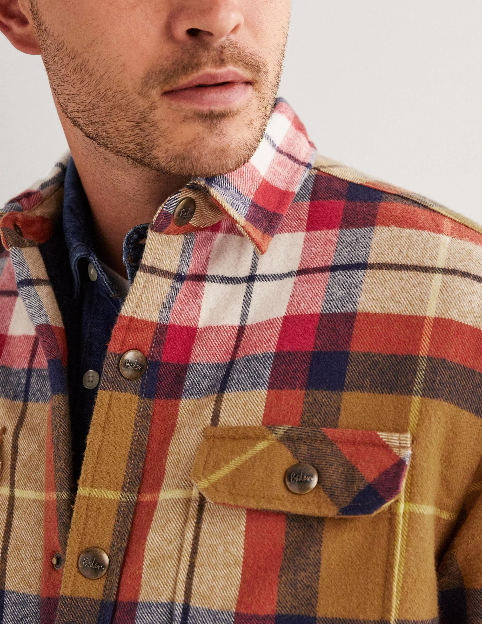 Sherpa Lined Overshirt-Camel/Red Check - Image 2
