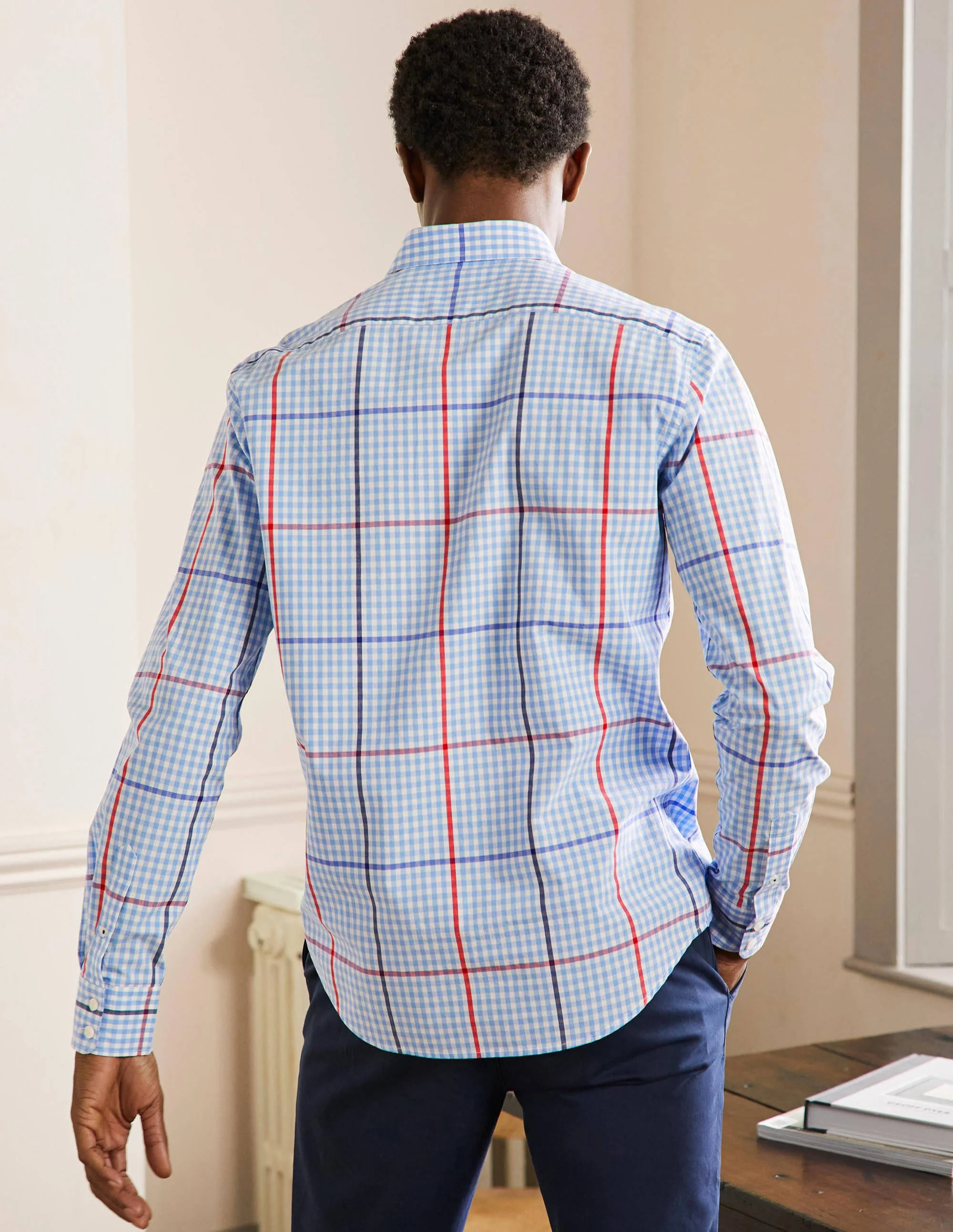 Slim Fit Classic Poplin Shirt-Heavenly Blue Check - Image 3