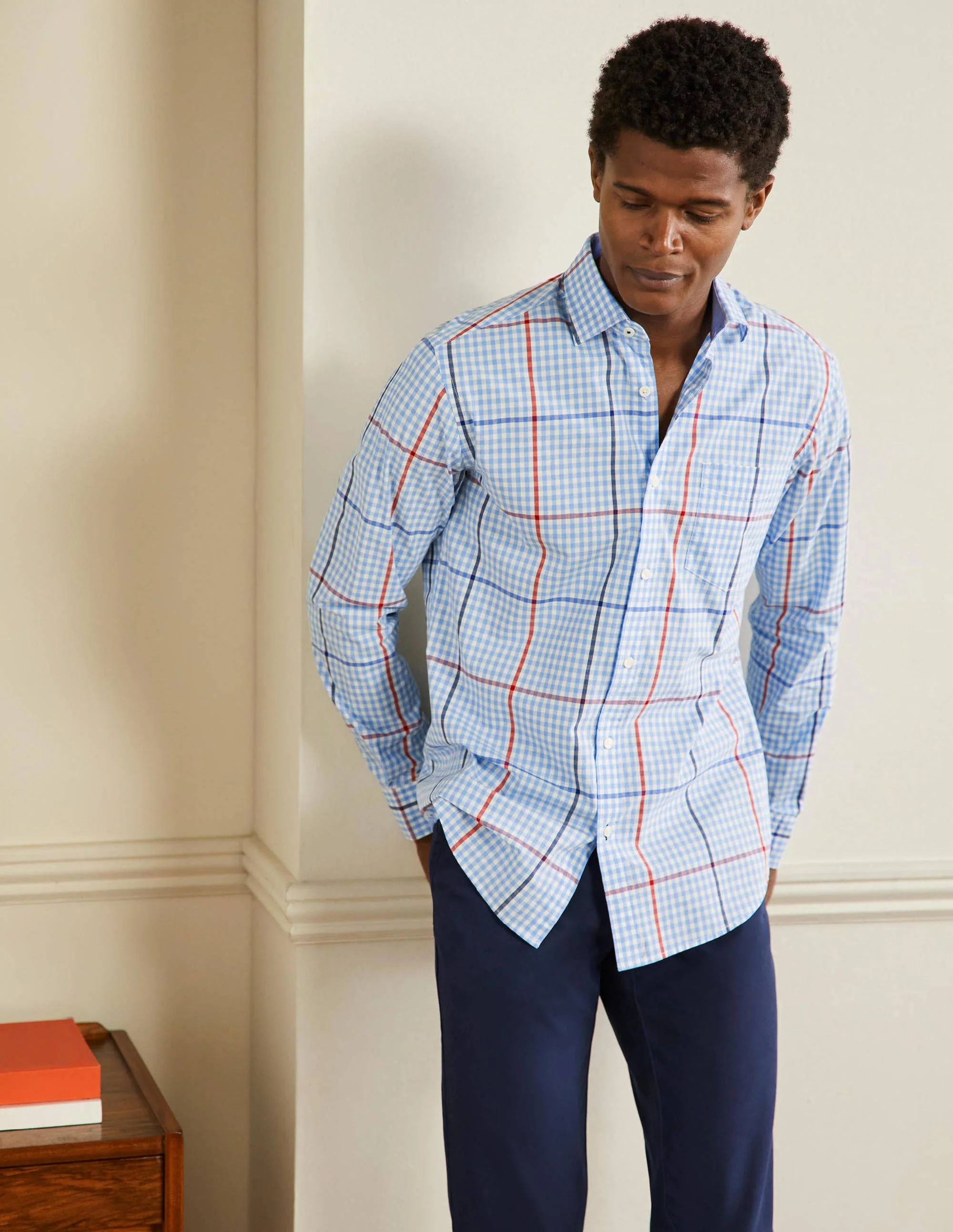 Slim Fit Classic Poplin Shirt-Heavenly Blue Check - Image 4