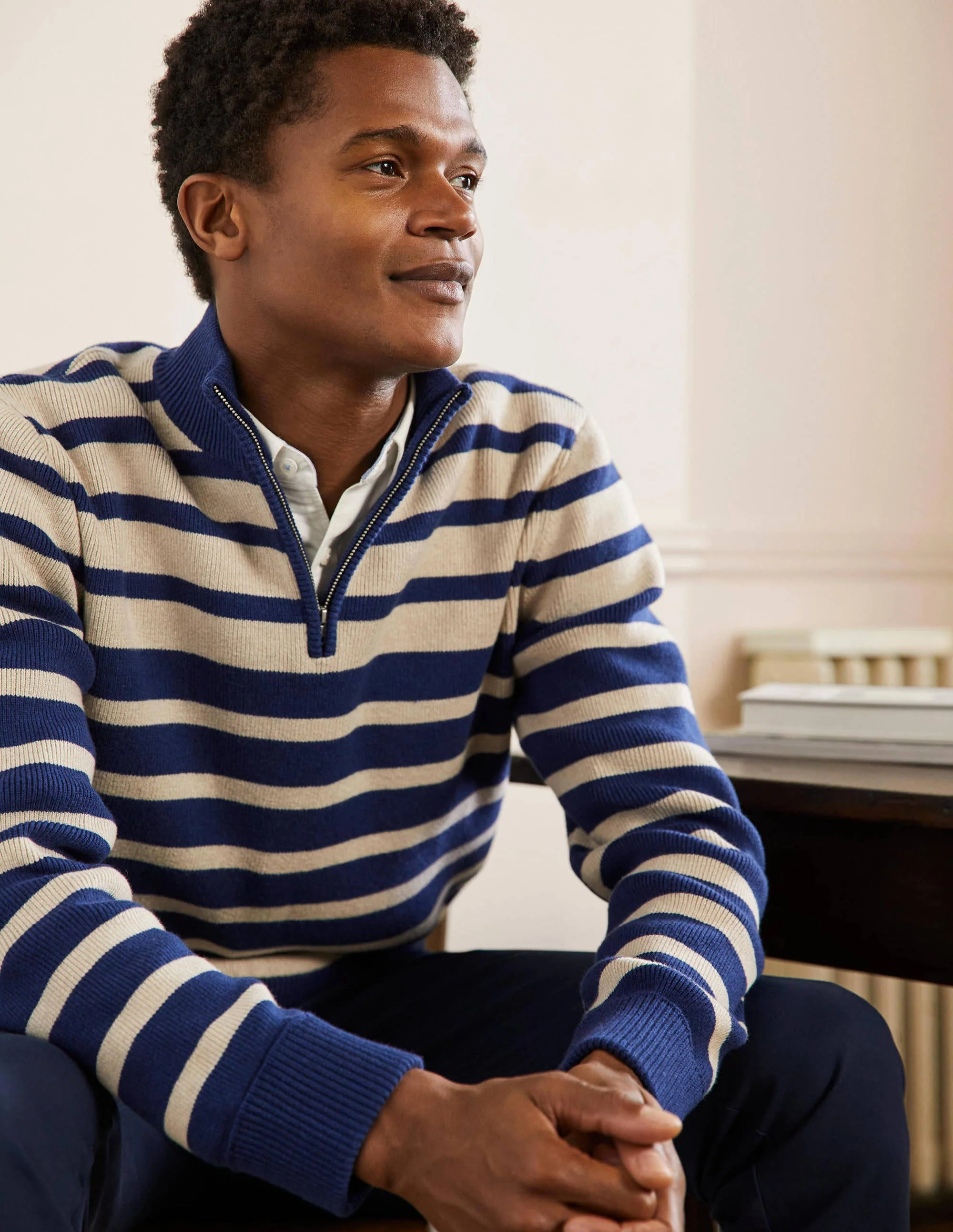 Stripy Half-Zip Sweater-Lapis / Oatmeal stripe - Image 4
