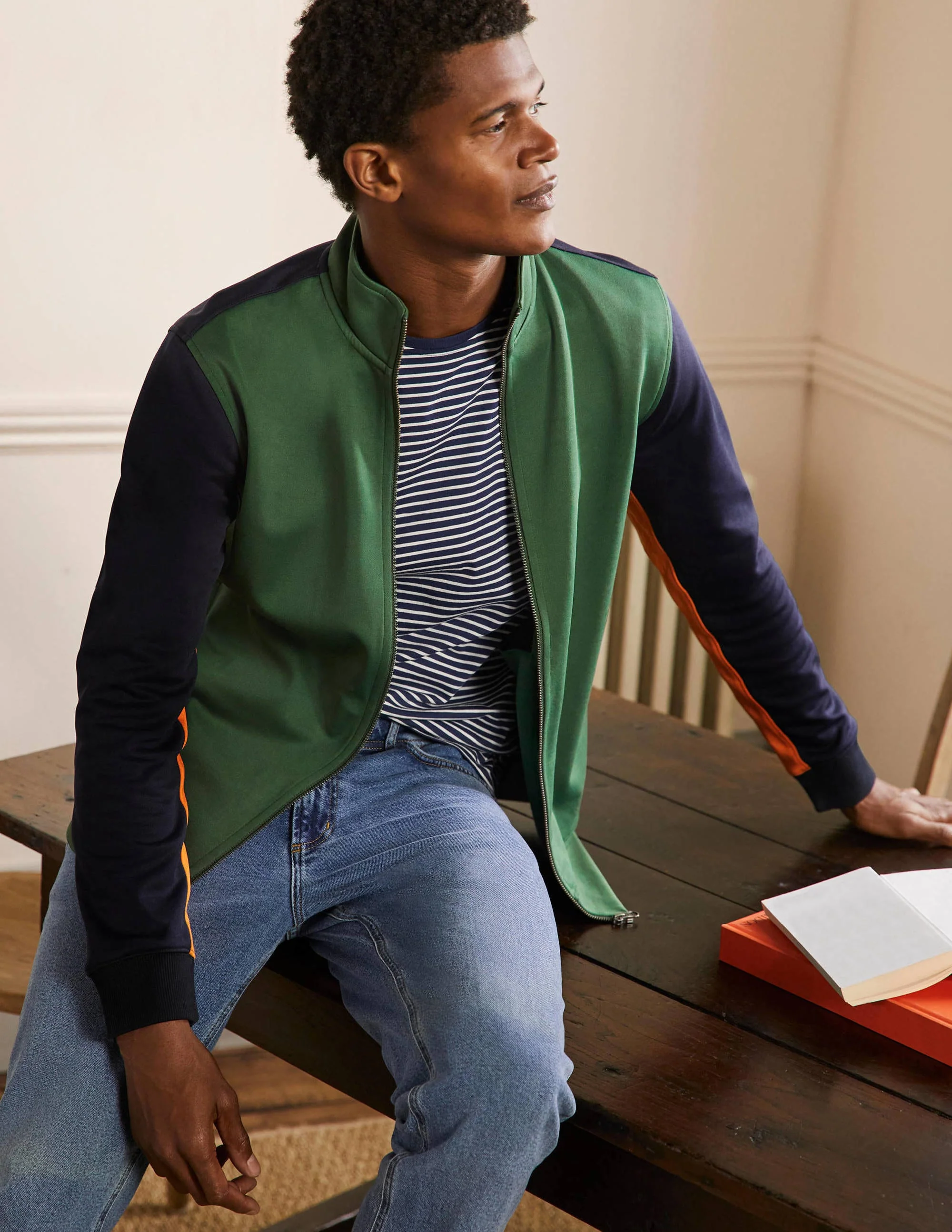 Track Jacket-Navy/ Dark Green Colour block