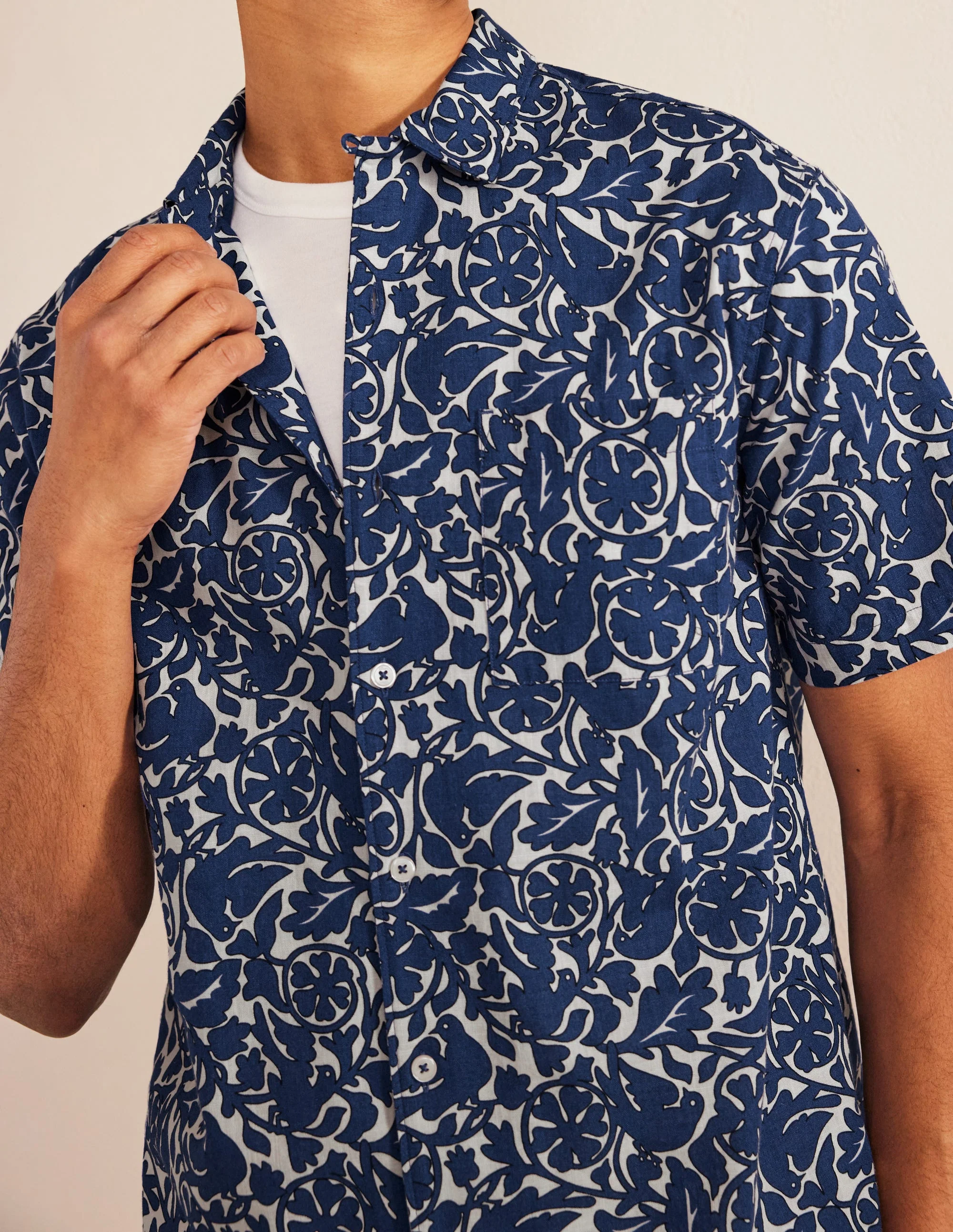 Textured Revere Collar Shirt-Blue Bird Print - Image 2