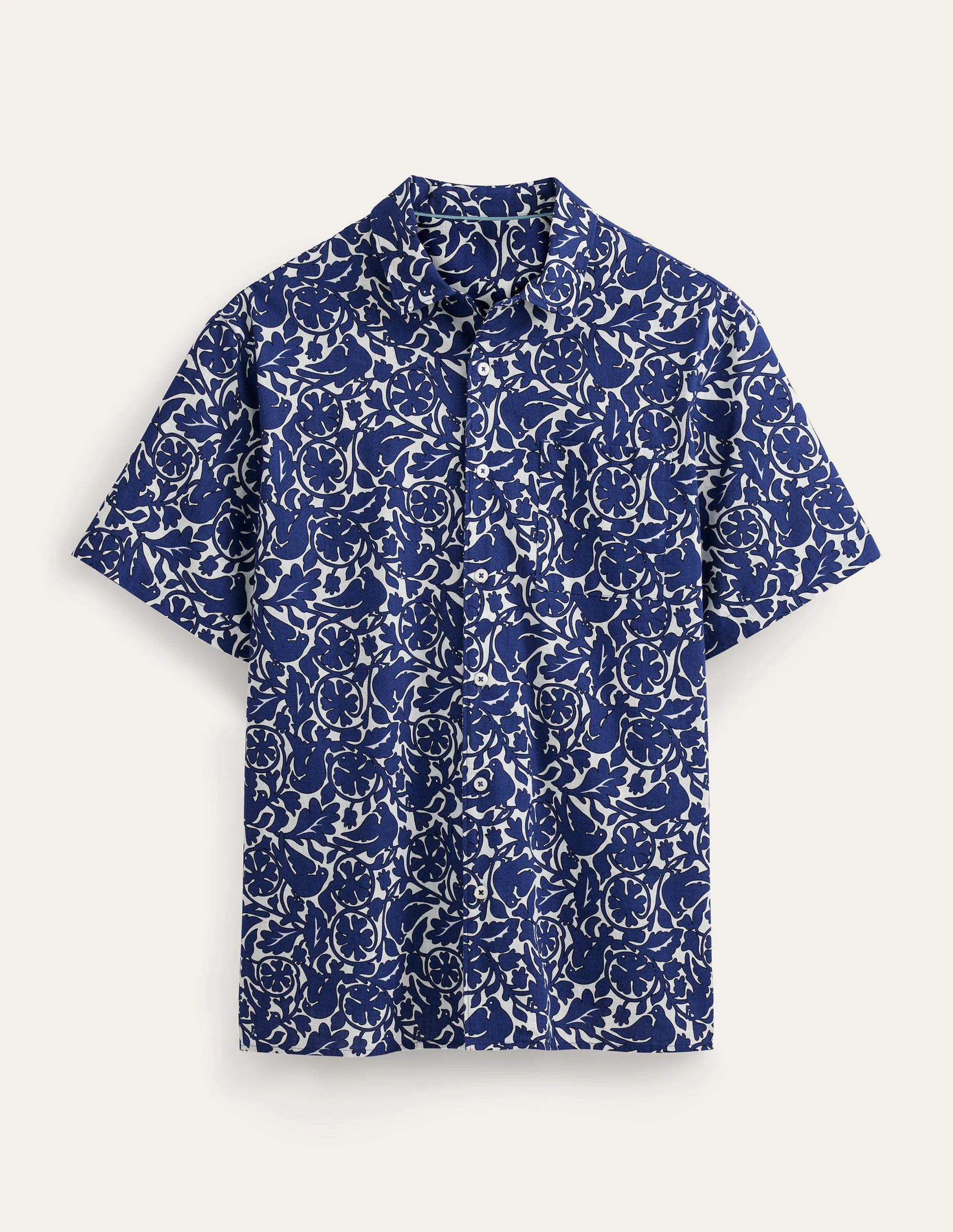 Textured Revere Collar Shirt-Blue Bird Print - Image 5