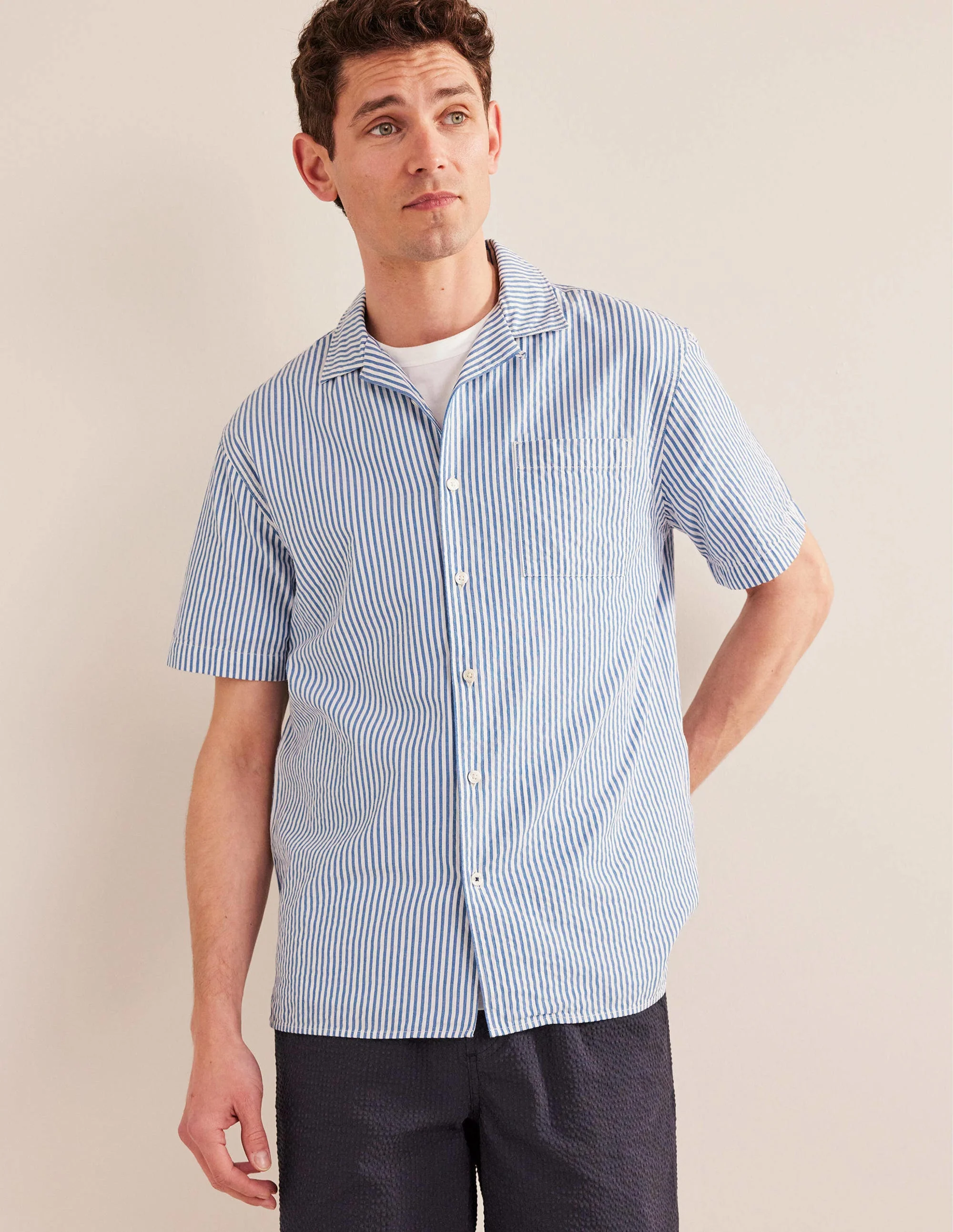 Textured Revere Collar Shirt-China Blue/Ivory Stripe - Image 4