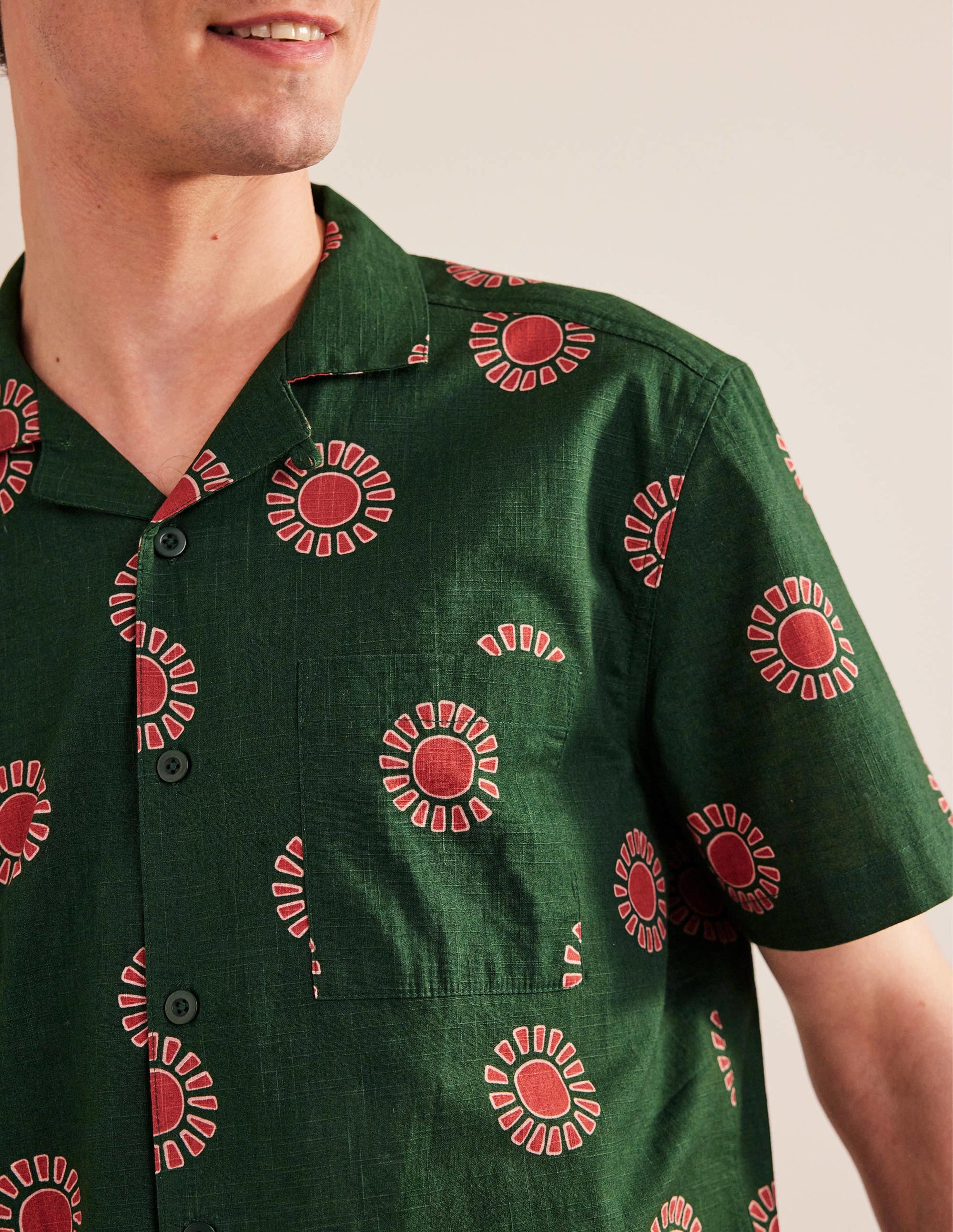 Textured Revere Collar Shirt-Palm Leaf Sun Print - Image 2