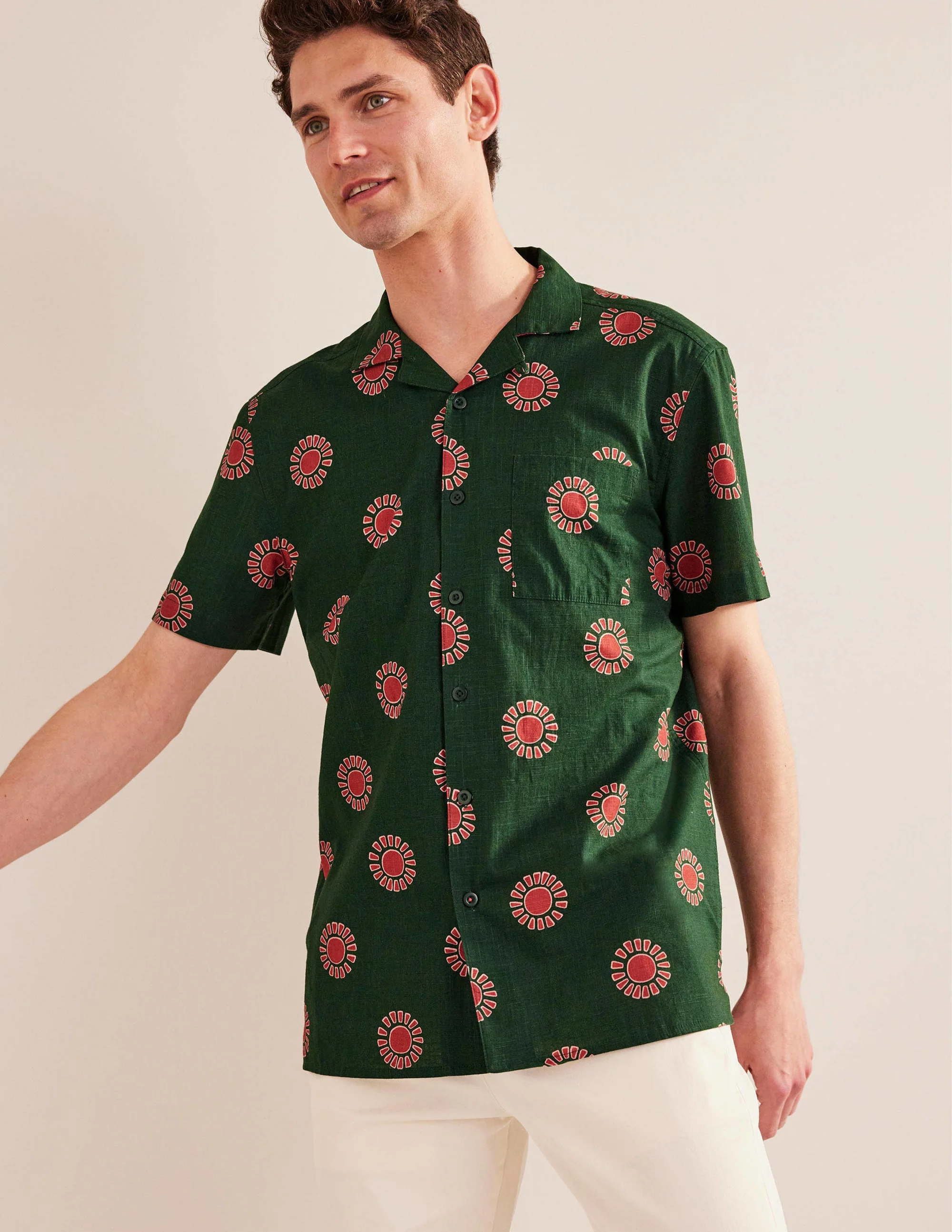 Textured Revere Collar Shirt-Palm Leaf Sun Print - Image 4