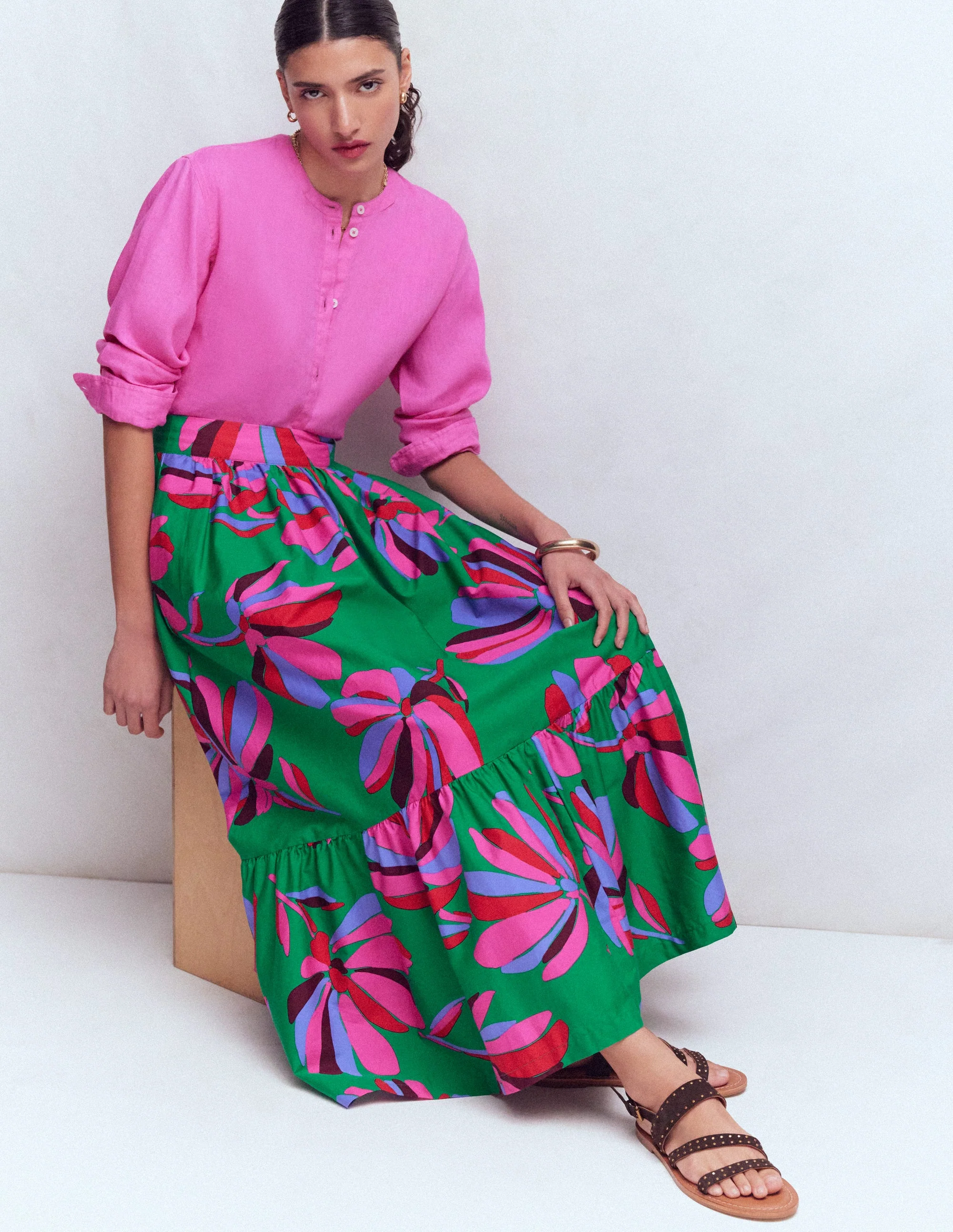 Abigail Poplin Maxi Skirt-Green, Daisy Cascade - Image 5