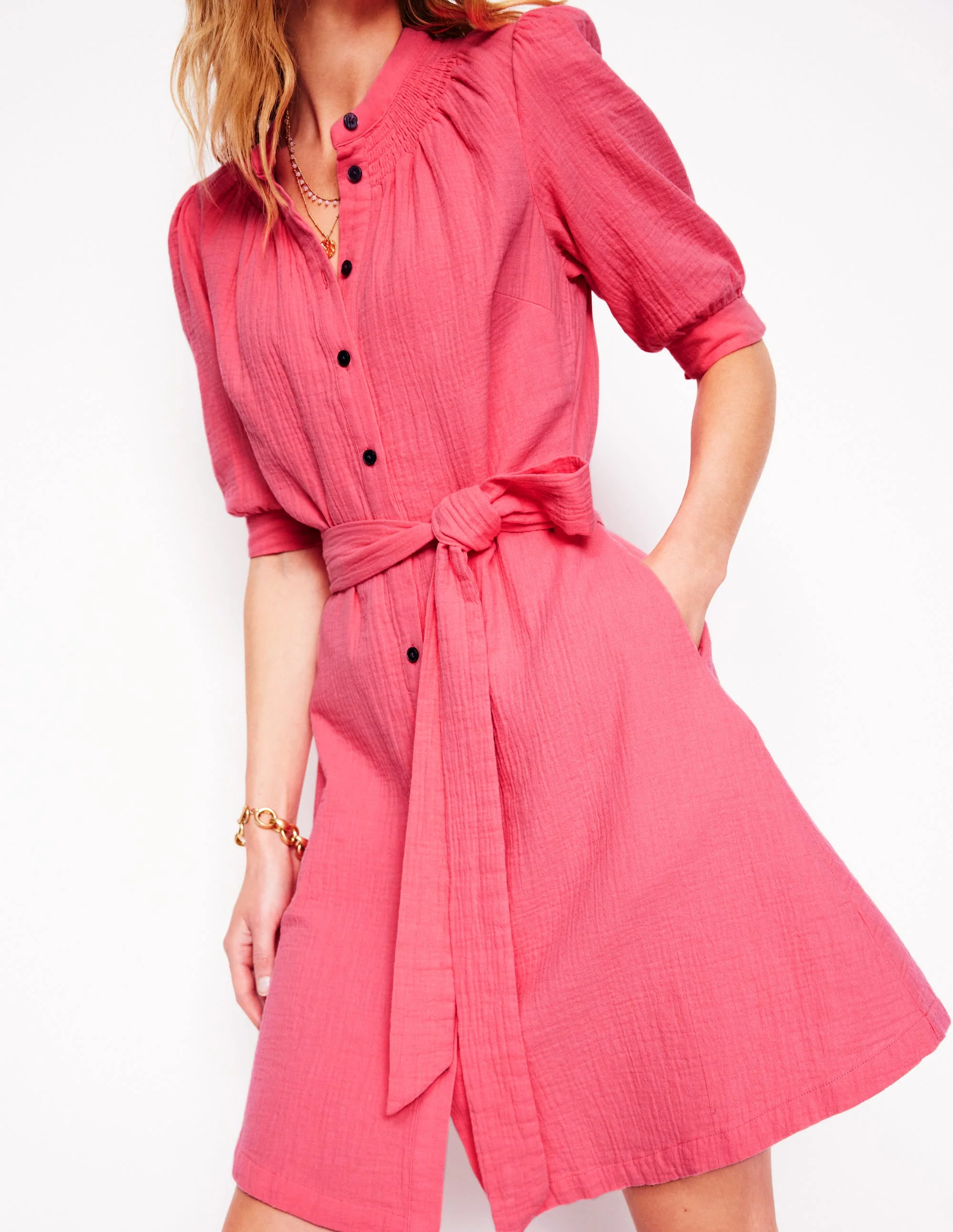 Ada Double Cloth Short Dress-Azalea Pink - Image 3