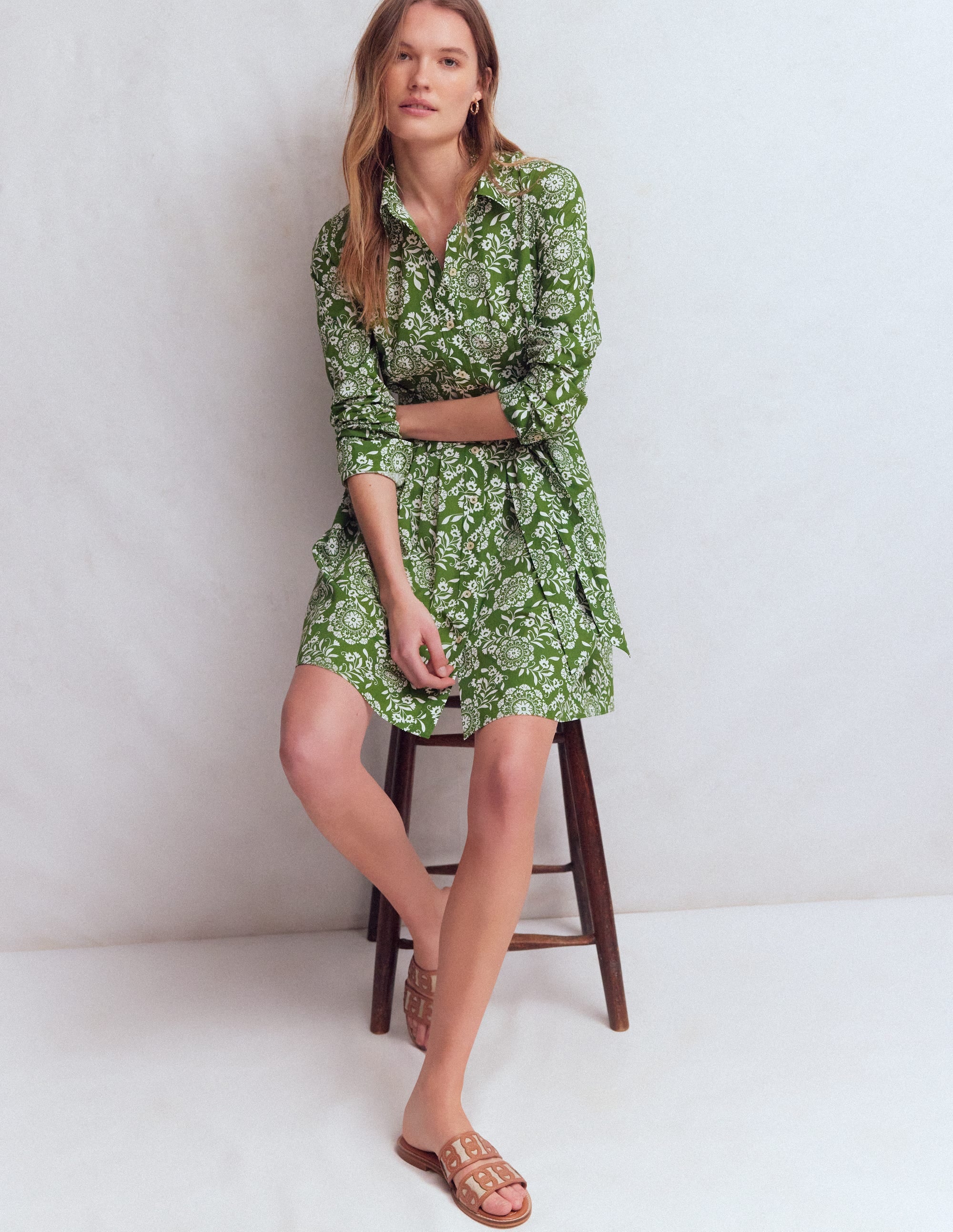 Alexa Long Sleeve Short Dress-Green, Decorative Blossom - Image 5