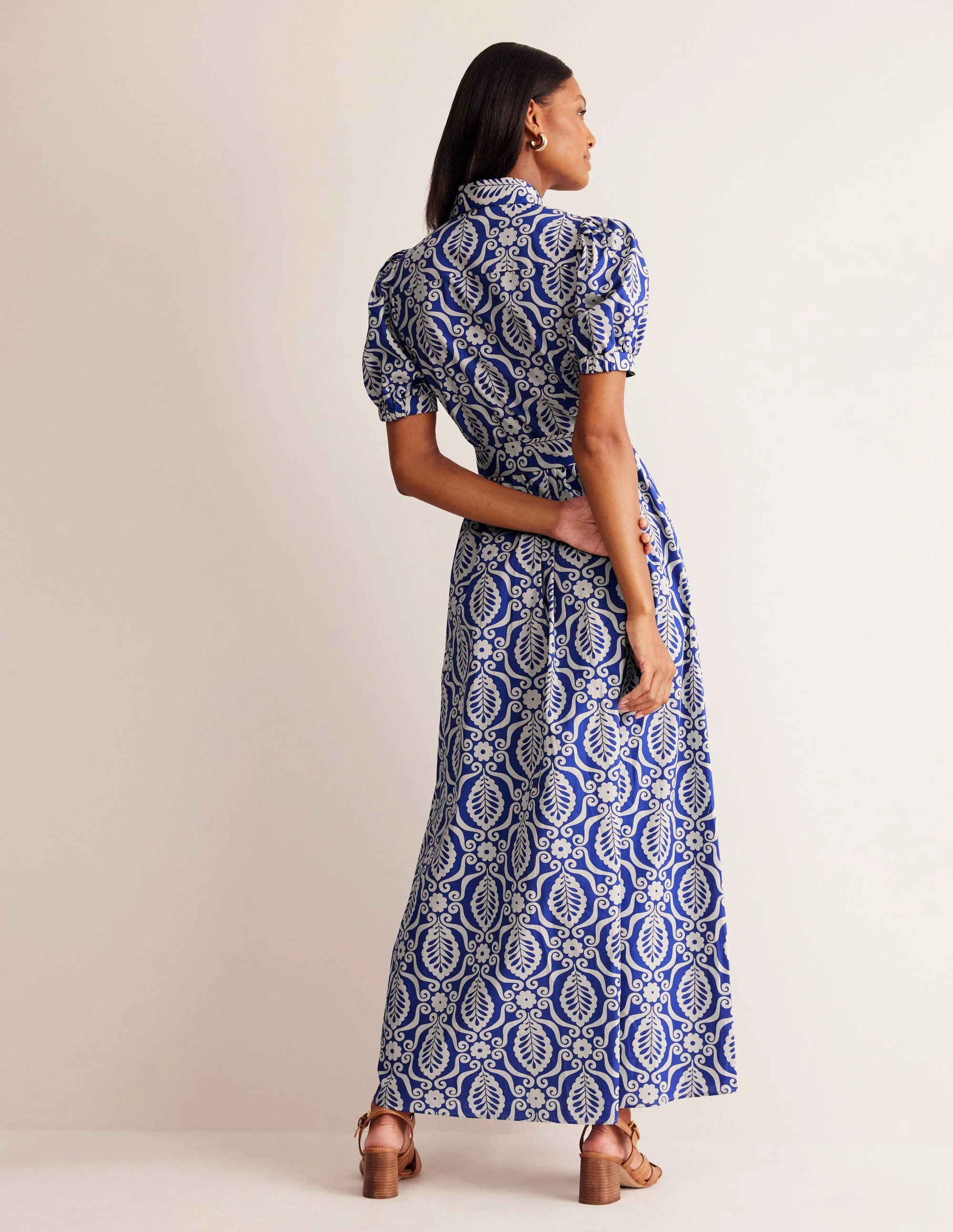 Alexa Maxi Shirt Dress-Mazarine Blue, Foliage Stamp - Image 3