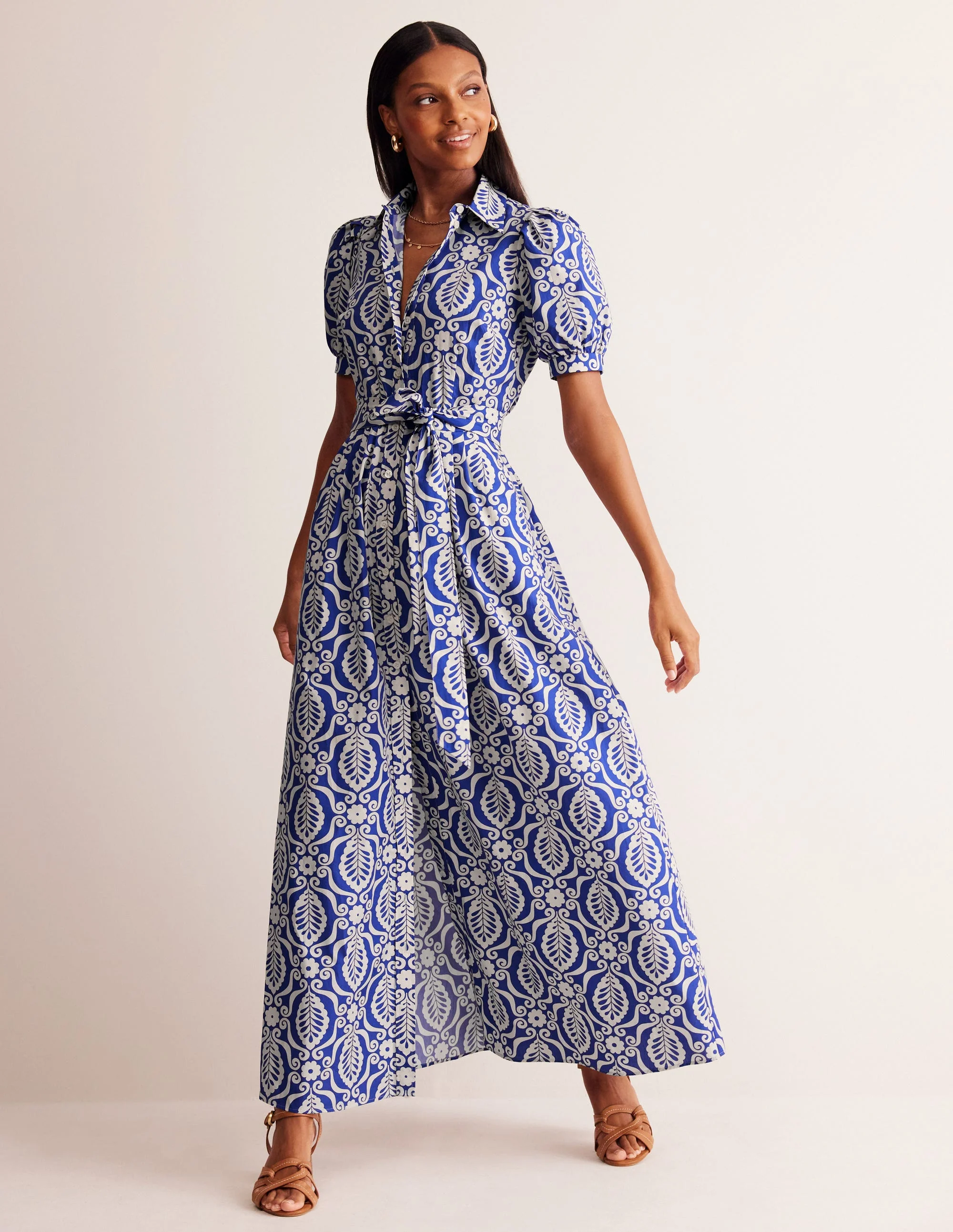 Alexa Maxi Shirt Dress-Mazarine Blue, Foliage Stamp - Image 4