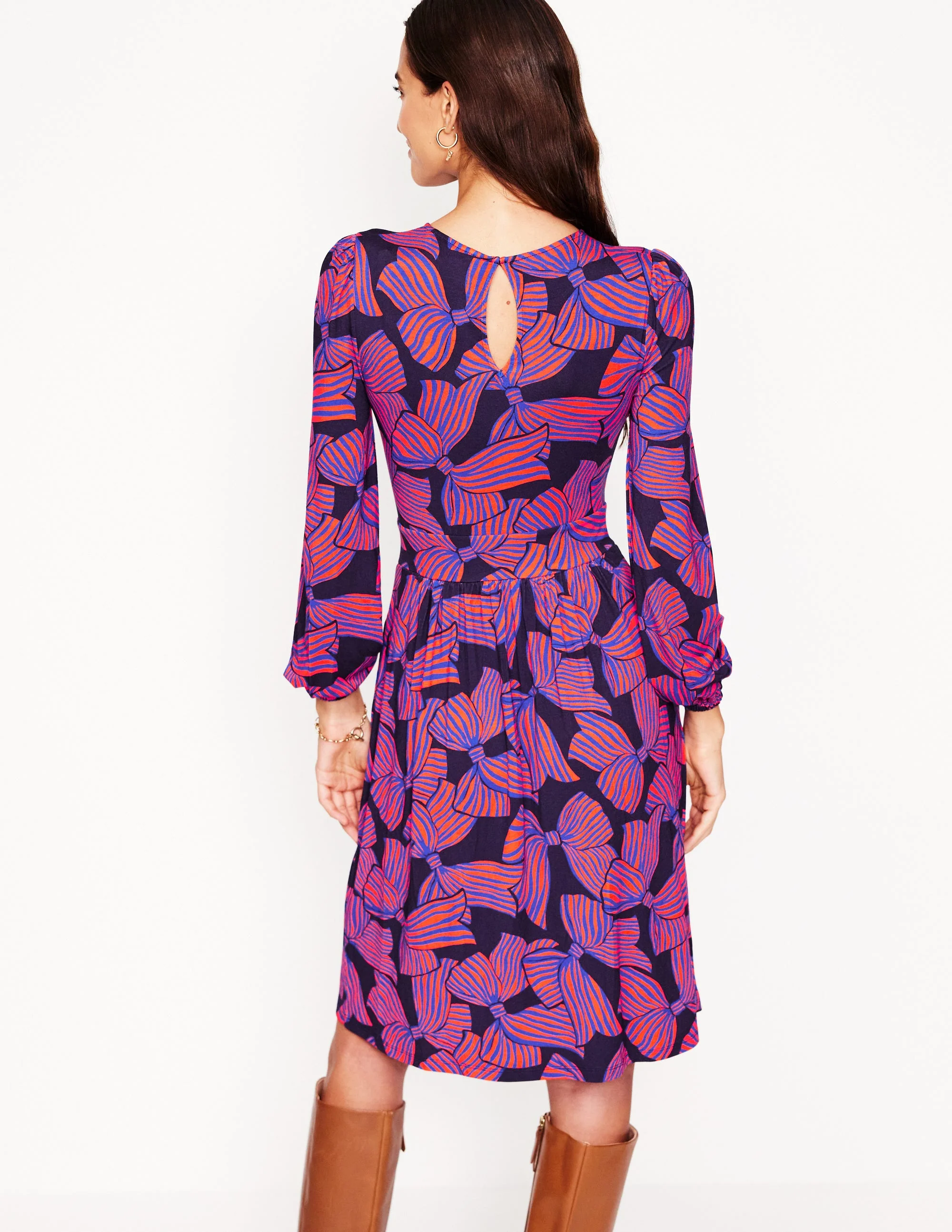 Alexandra Blouson Jersey Dress-French Navy, Bow Scatter - Image 3