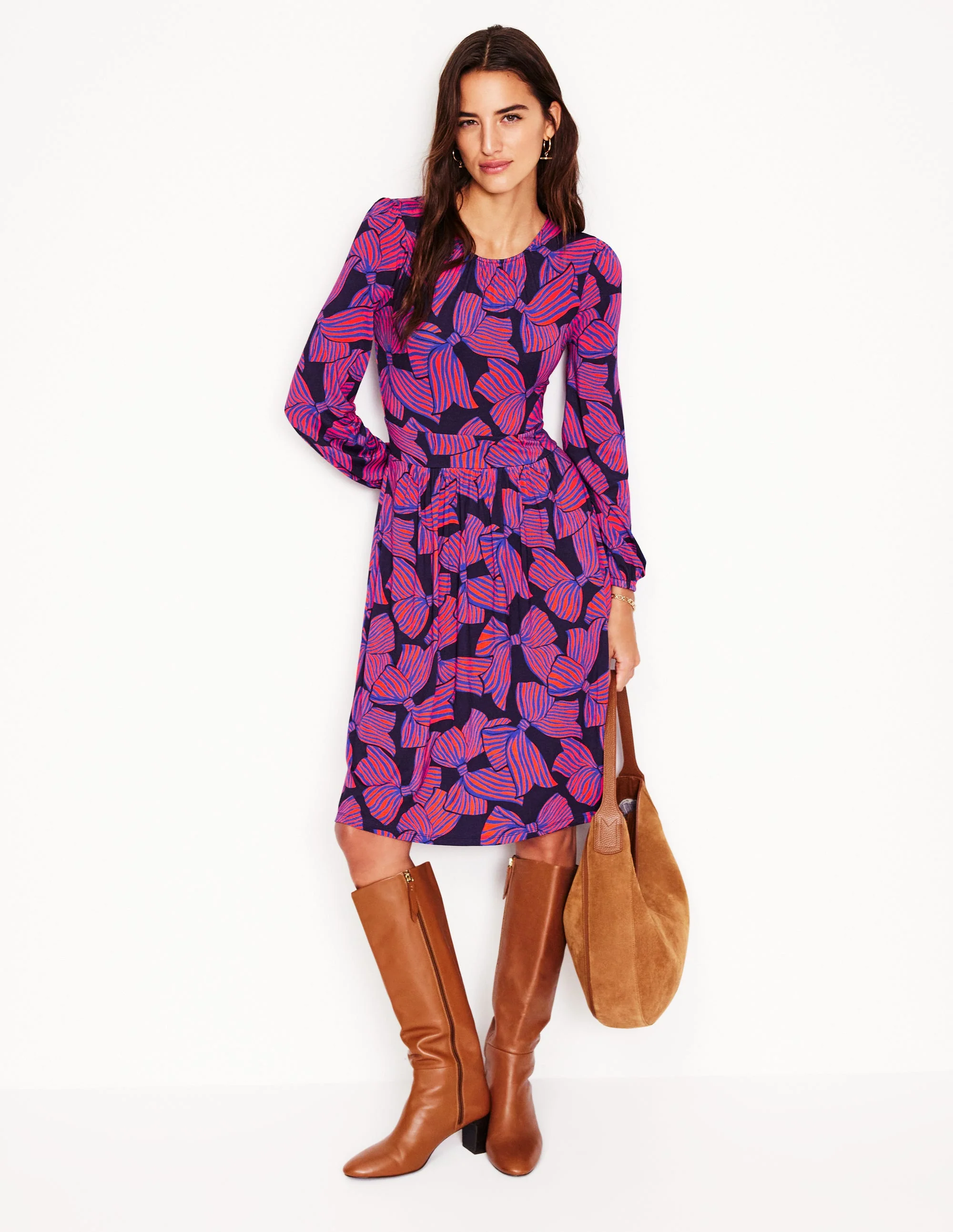 Alexandra Blouson Jersey Dress-French Navy, Bow Scatter - Image 4