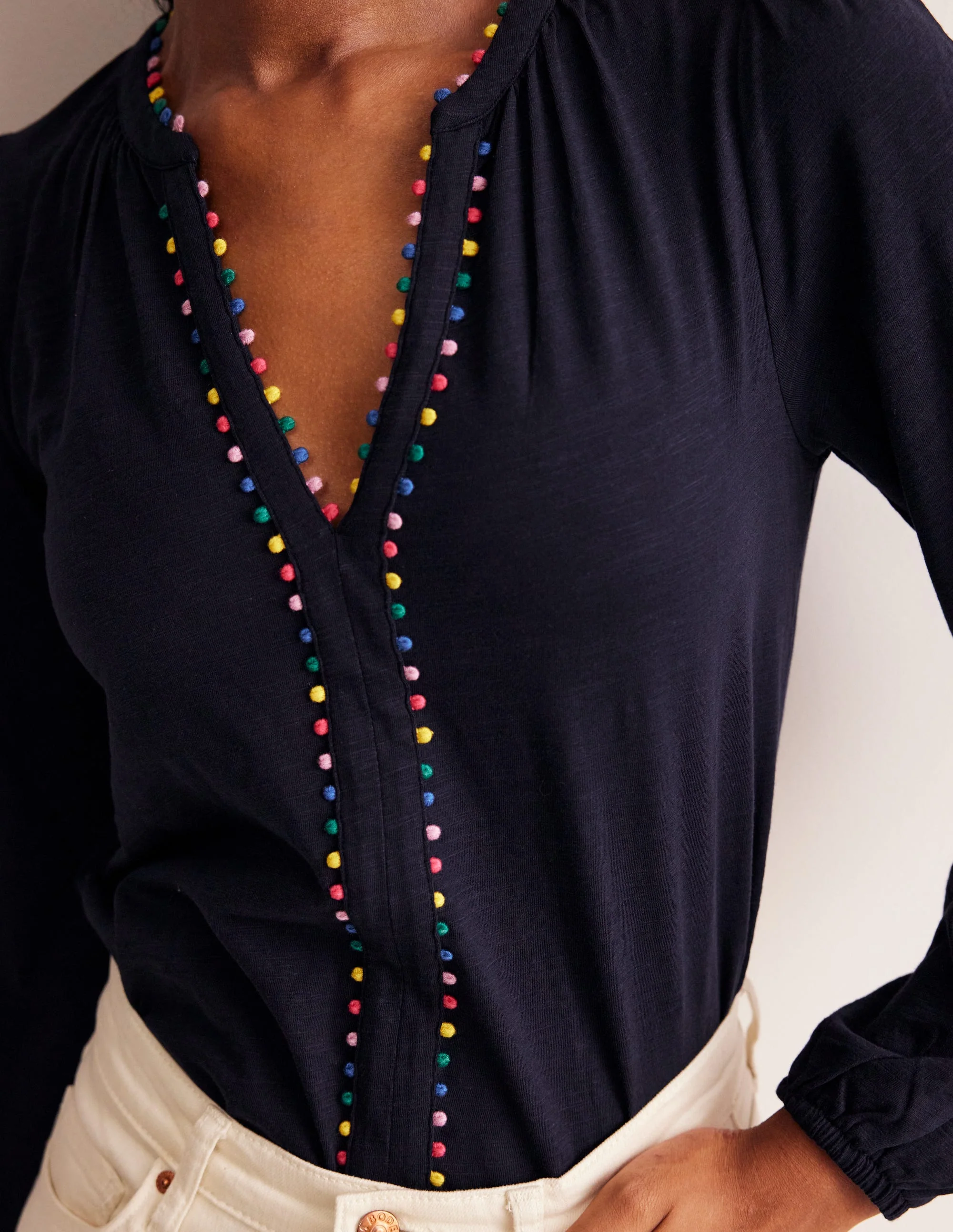 Ali Long Sleeve Pom Top-Navy - Image 2