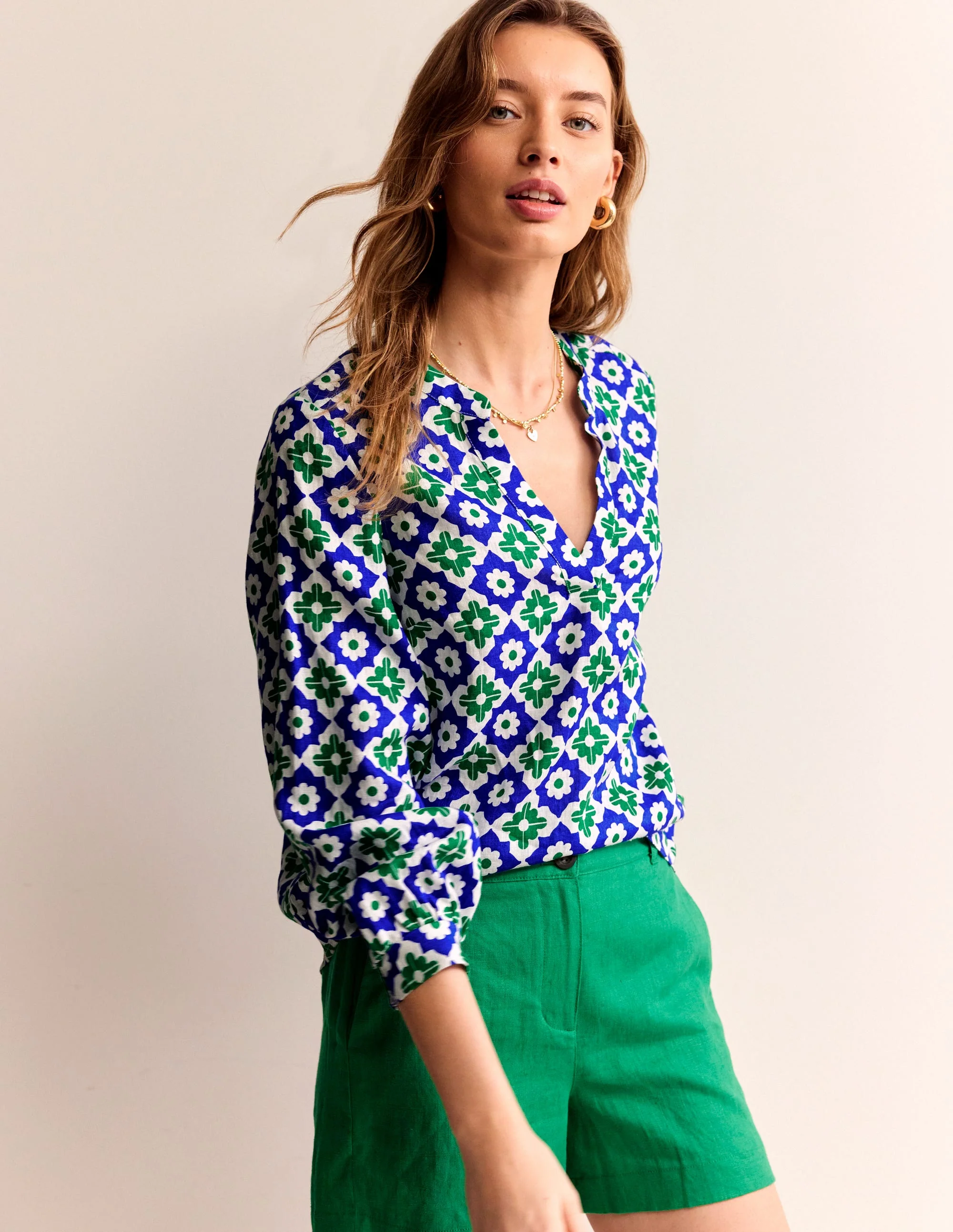 Alice Linen Top-Green, Geometric Stamp - Image 2