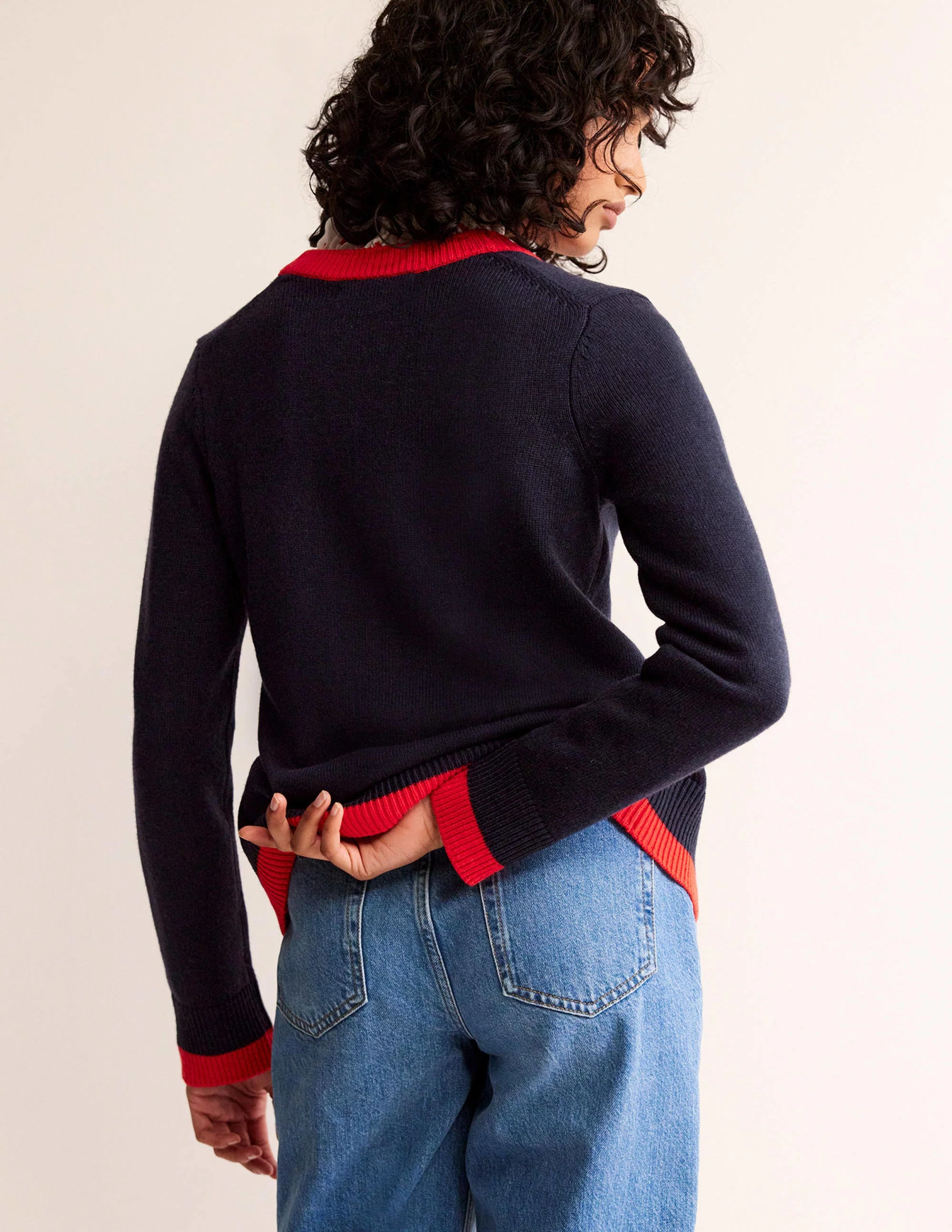 Alma Contrast Trim Cardigan-Navy, Post Box Red - Image 3