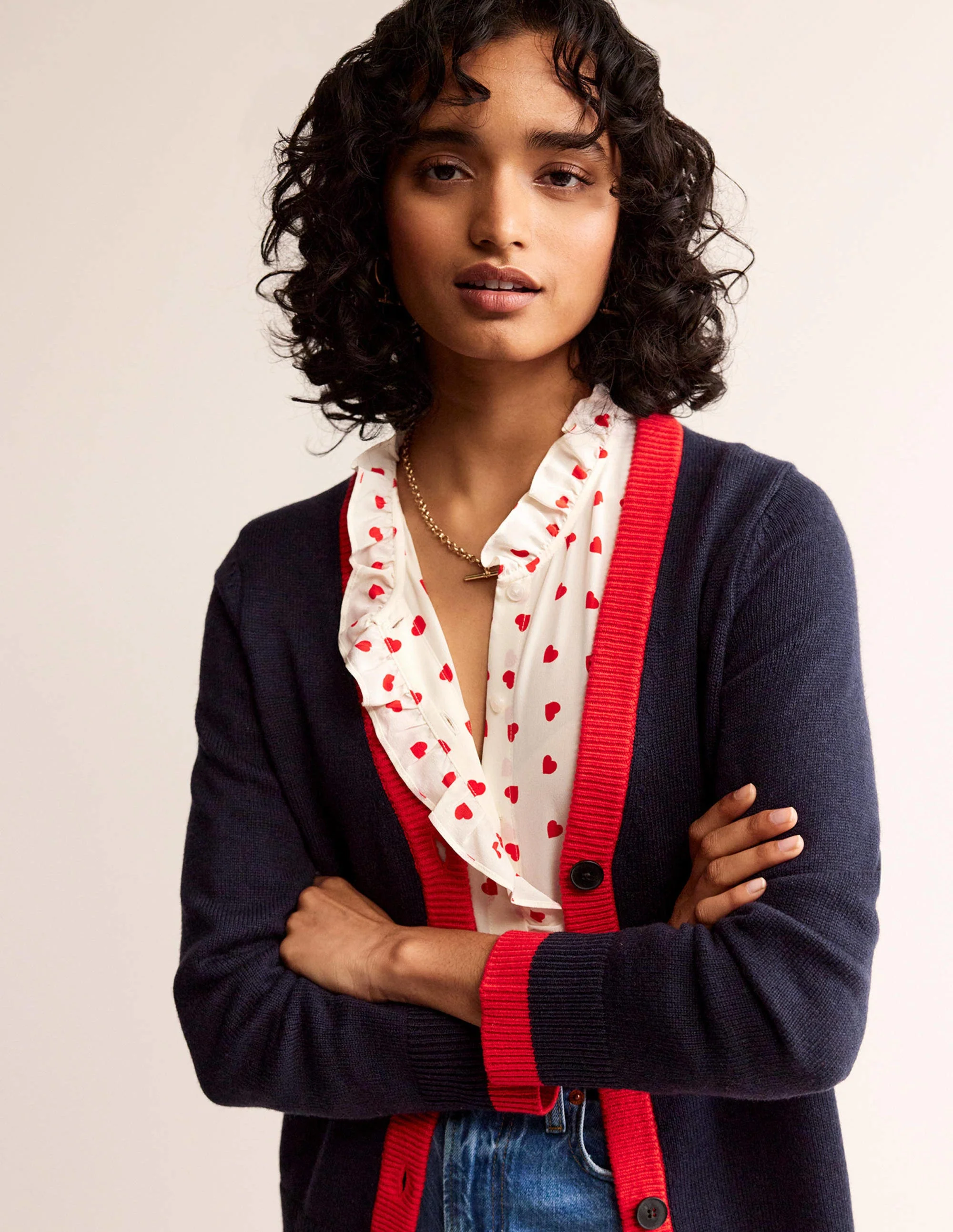 Alma Contrast Trim Cardigan-Navy, Post Box Red - Image 4