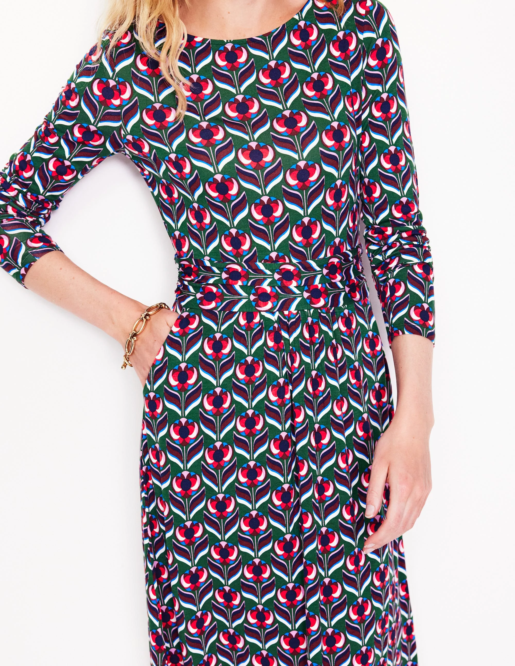 Amelie Long Sleeve Dress-Pine, Blossom Stamp - Image 2