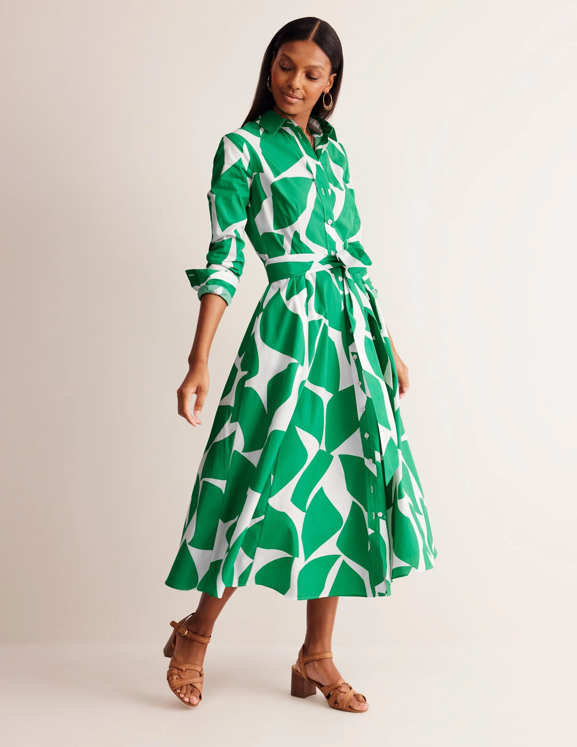 Amy Cotton Midi Shirt Dress-Green Tambourine, Terazzo - Image 4