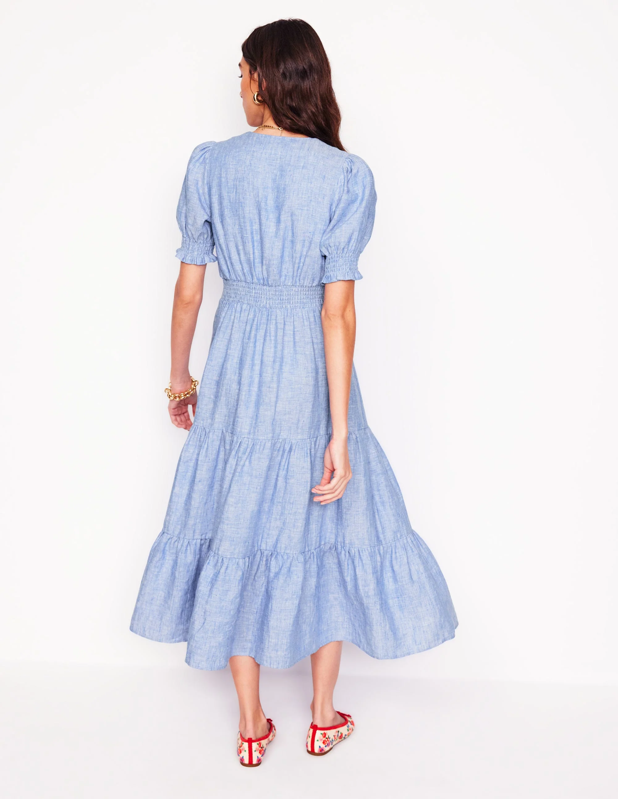 Anna Linen Tiered Midi Dress-Summer Blue Chambray - Image 3