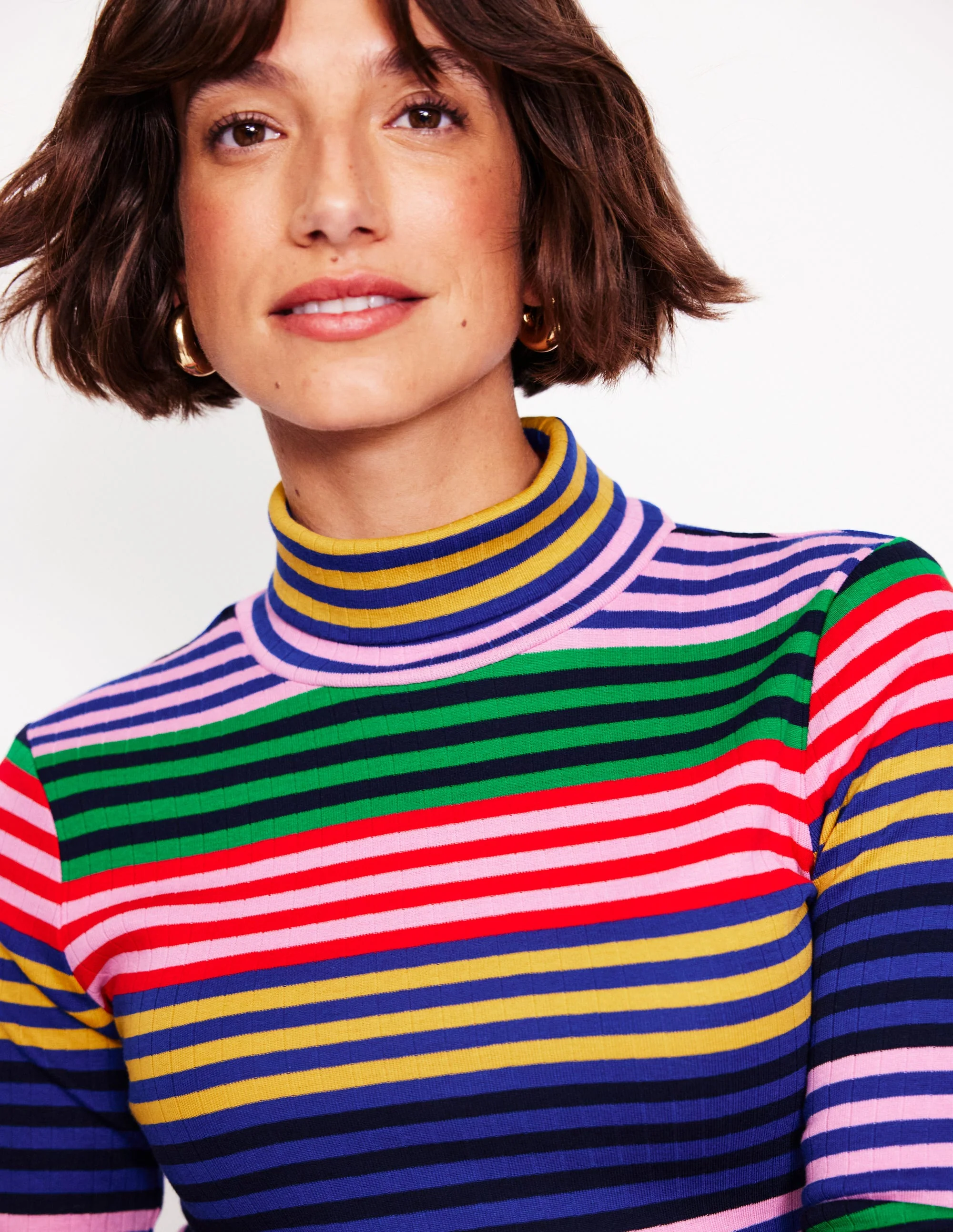 Anna Rib Roll Neck Top-Multi, Rainbow Stripe - Image 2