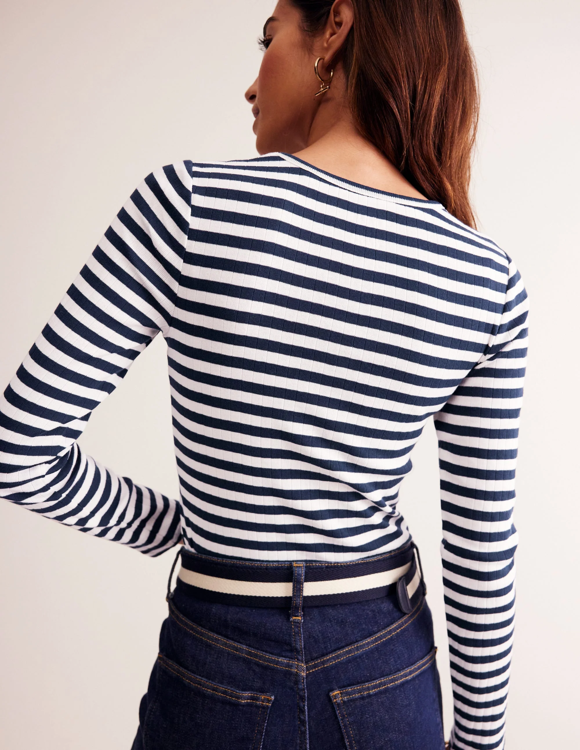 Anna Rib V-Neck T-Shirt-Ivory, Navy Stripe - Image 3