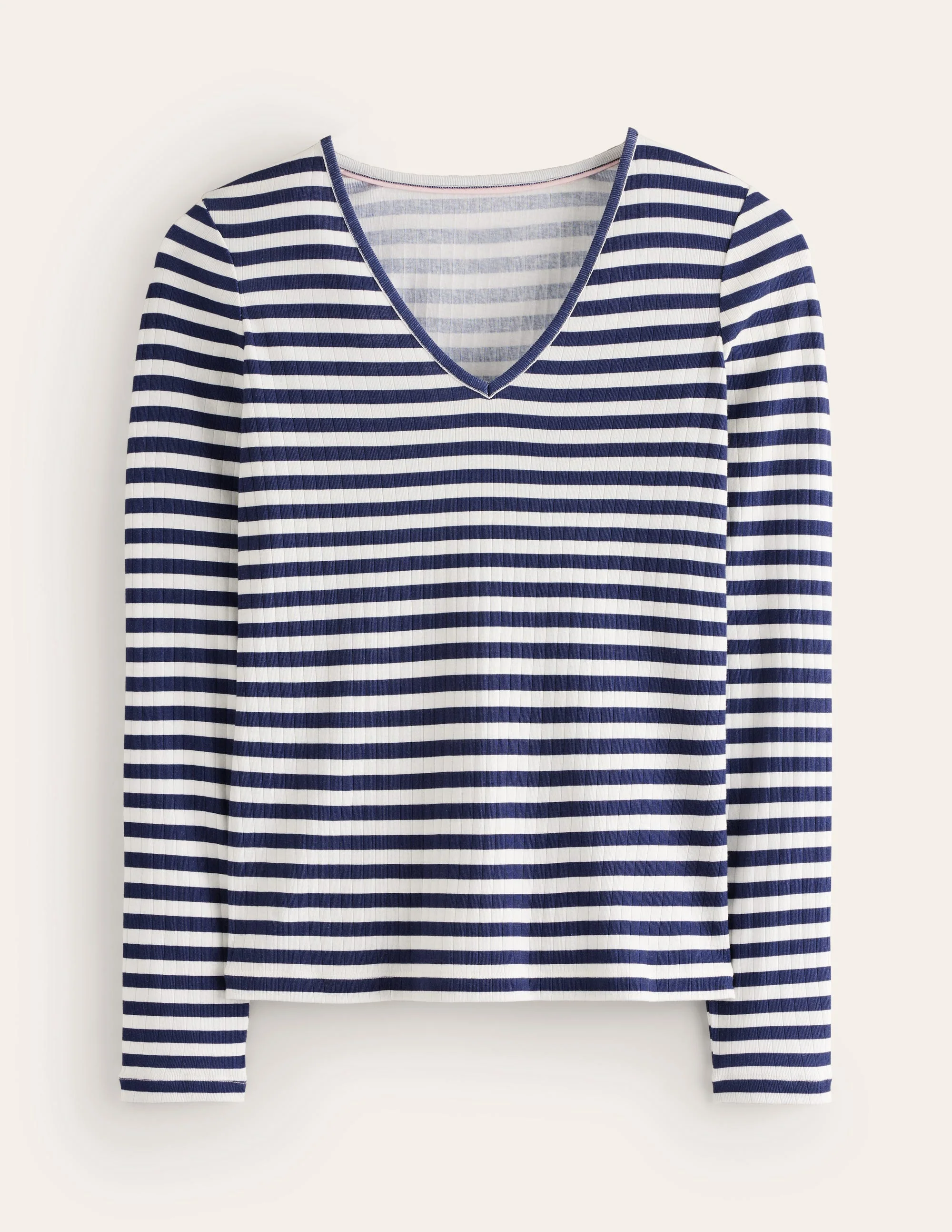 Anna Rib V-Neck T-Shirt-Ivory, Navy Stripe - Image 5
