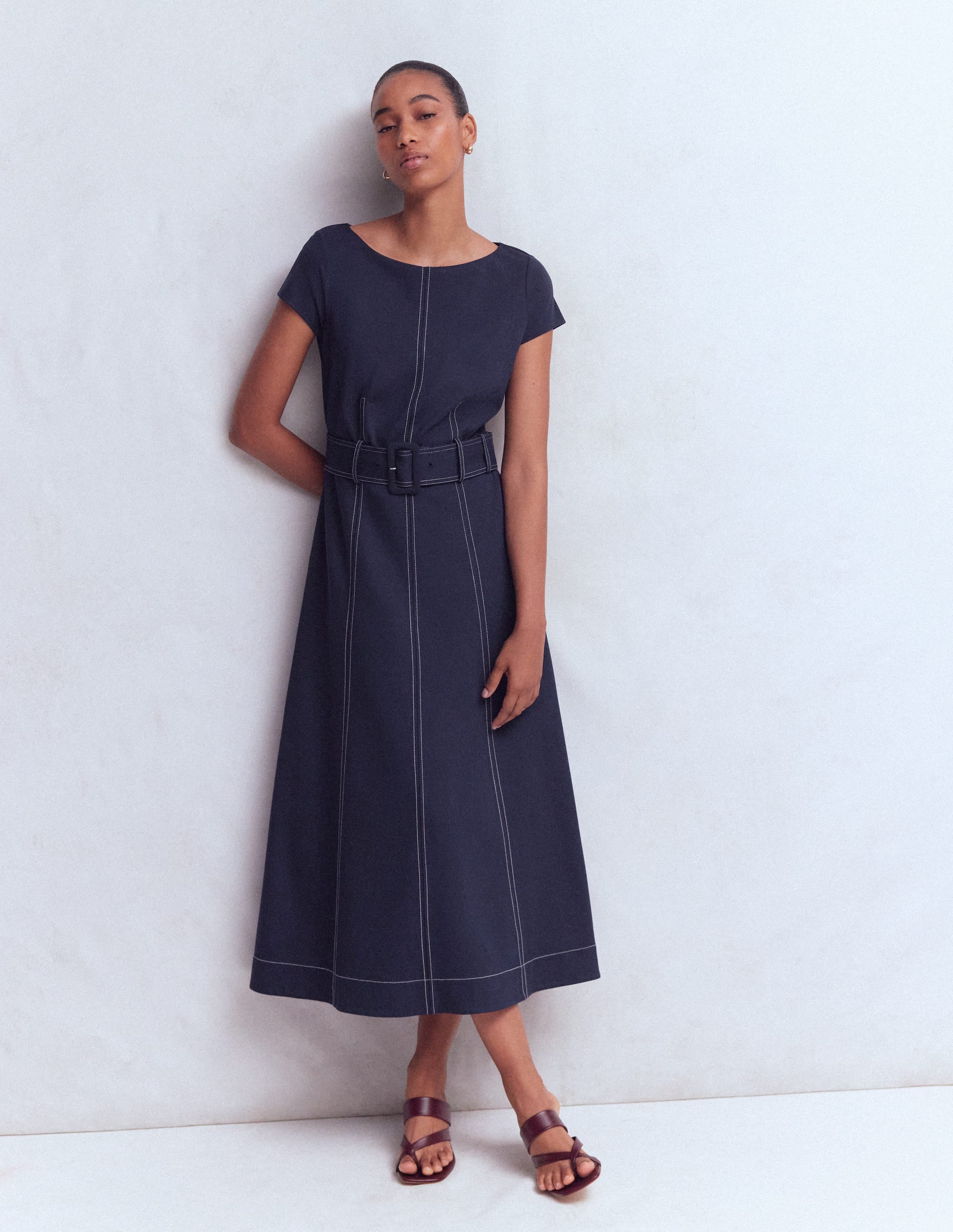 Annet Belted Ponte Midi Dress-Navy - Image 4