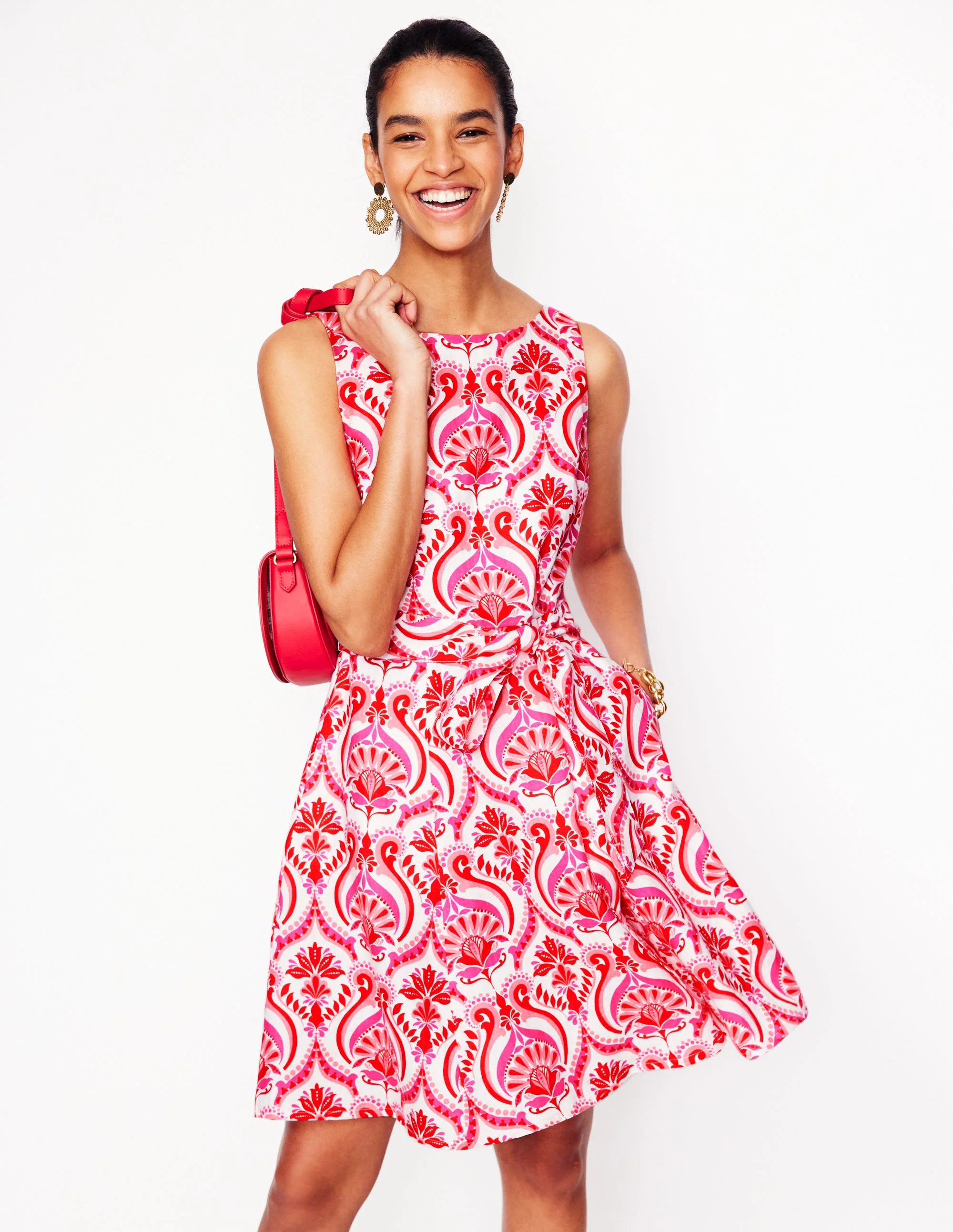 Anya Sleeveless Linen Dress-Poppy Red, Ornamental Floral
