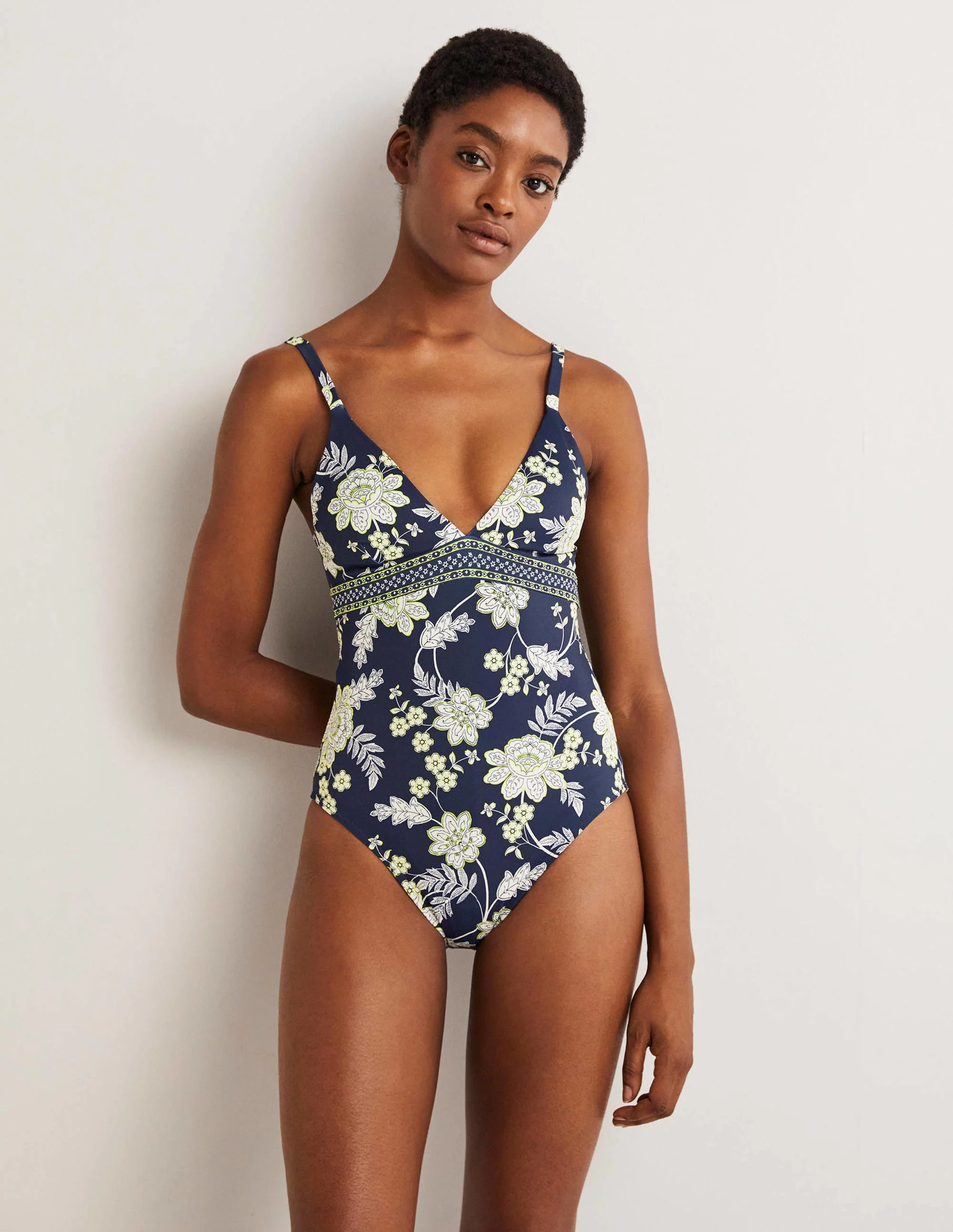 Arezzo V-neck Panel Swimsuit-Navy, Chintz Bloom