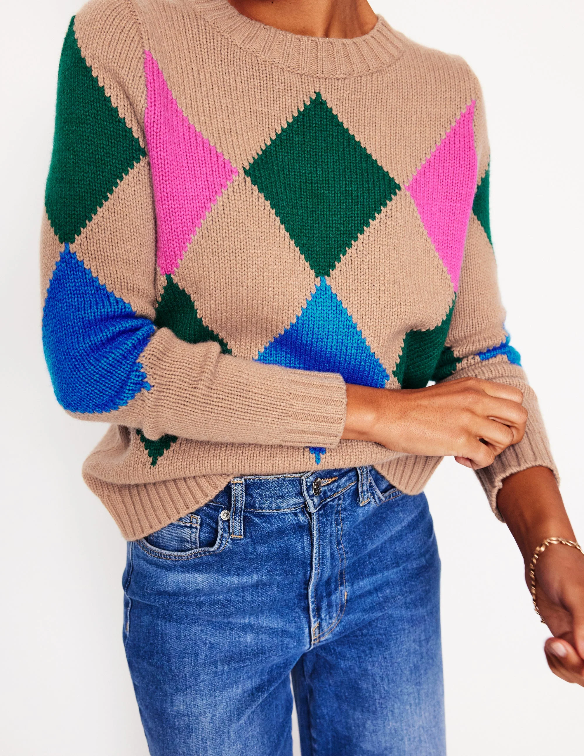Argyle Crew Neck Jumper-Camel Melange, Multi - Image 3